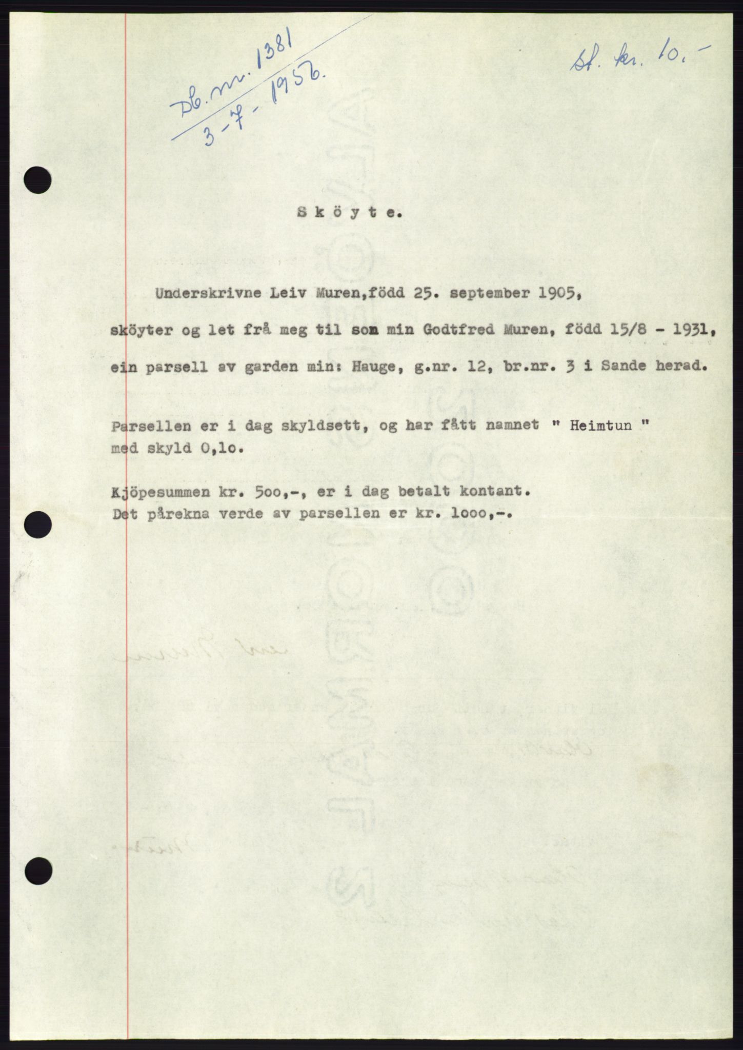 Søre Sunnmøre sorenskriveri, AV/SAT-A-4122/1/2/2C/L0104: Pantebok nr. 30A, 1956-1956, Dagboknr: 1381/1956