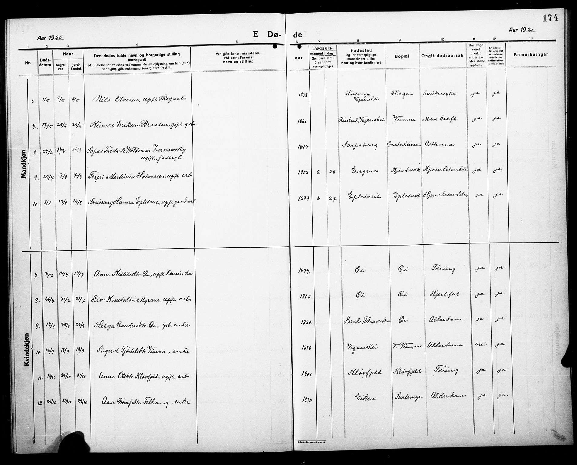 Åmli sokneprestkontor, AV/SAK-1111-0050/F/Fb/Fbc/L0006: Klokkerbok nr. B 6, 1915-1929, s. 174