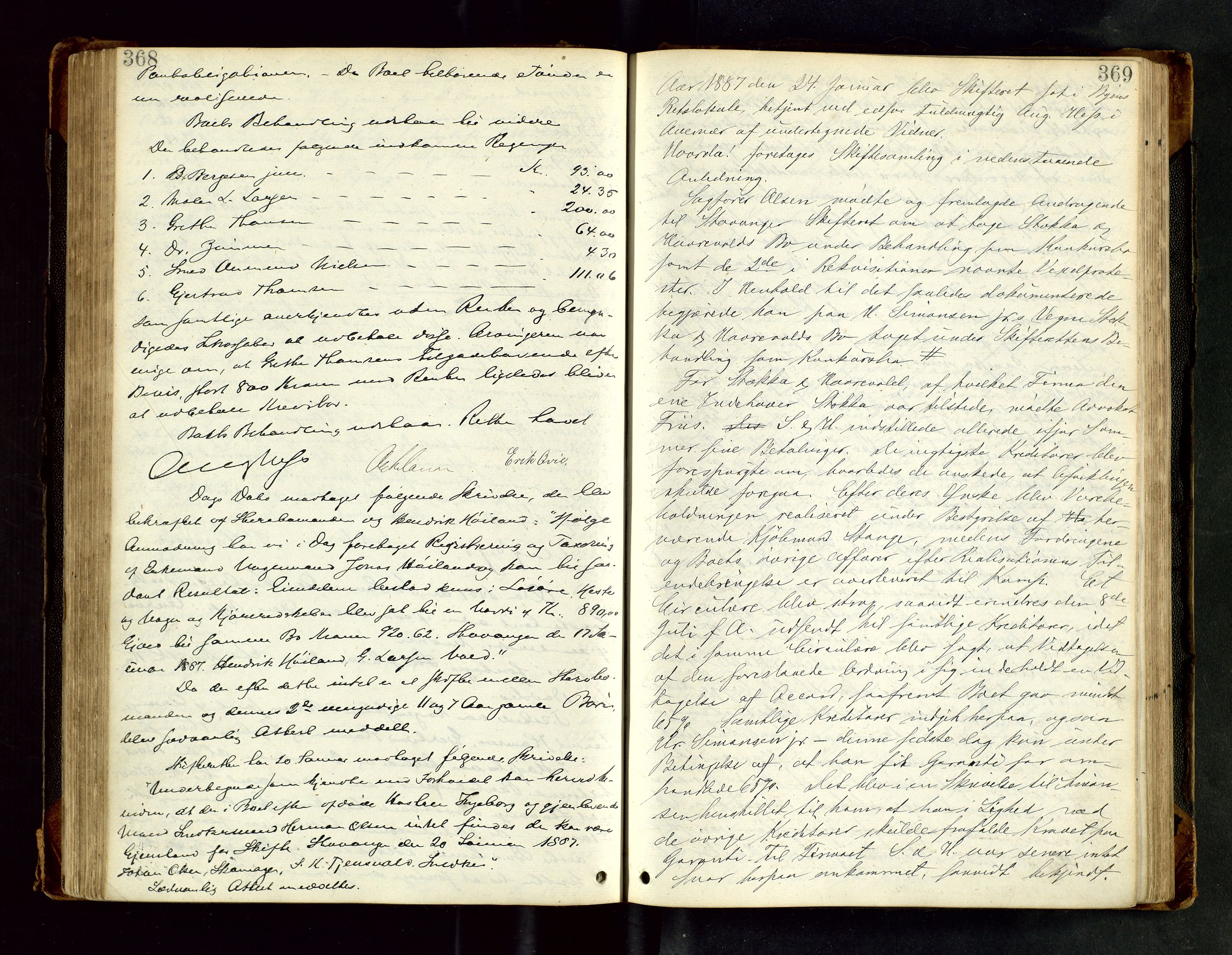 Stavanger byfogd, AV/SAST-A-101408/001/5/50/503BB/L0017: Skifteforhandlingsprotokoll, 1883-1889, s. 368-369