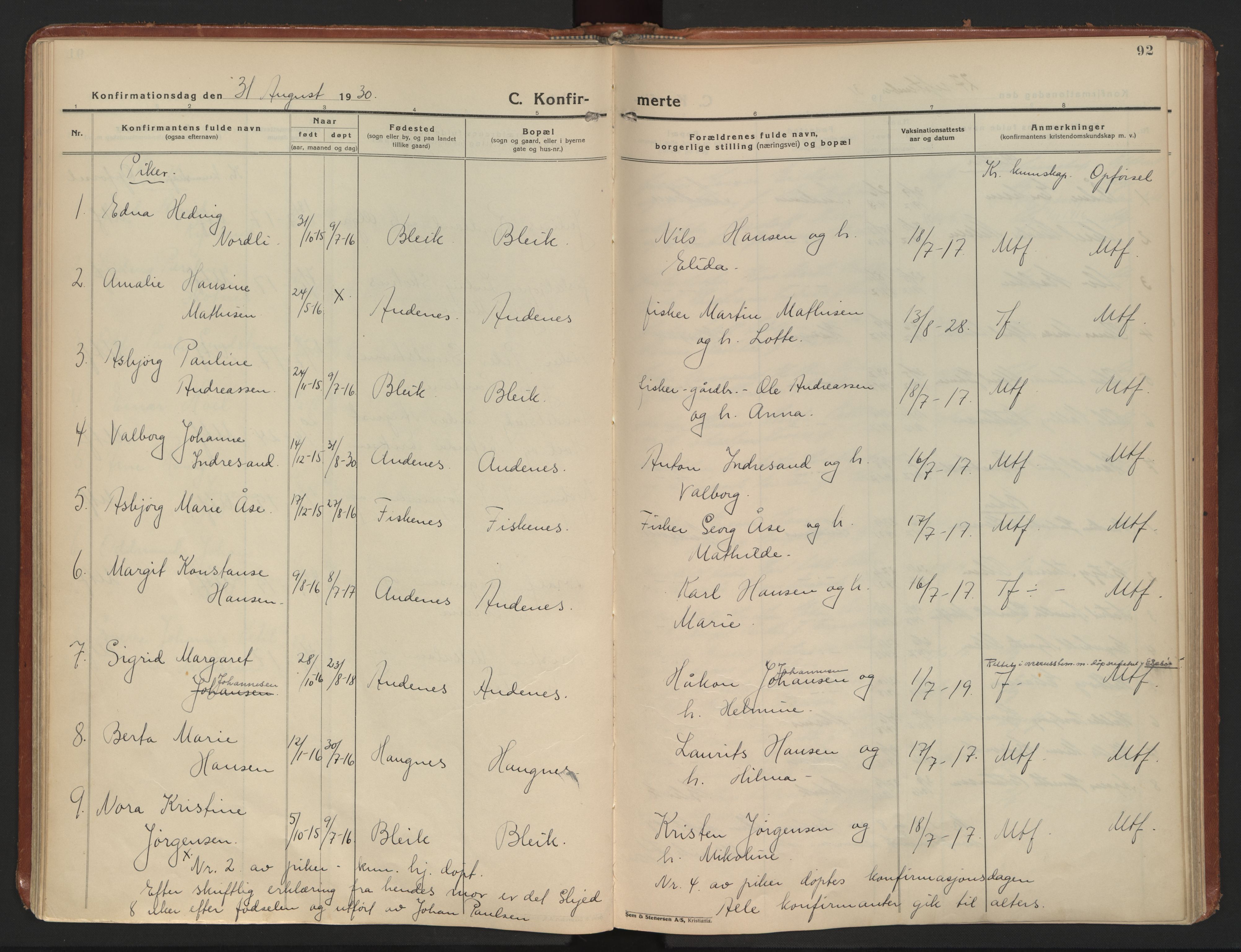 Ministerialprotokoller, klokkerbøker og fødselsregistre - Nordland, AV/SAT-A-1459/899/L1441: Ministerialbok nr. 899A09, 1923-1939, s. 92