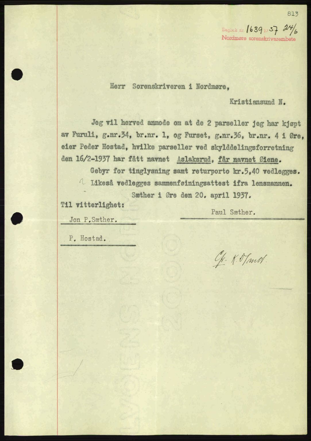 Nordmøre sorenskriveri, SAT/A-4132/1/2/2Ca: Pantebok nr. A81, 1937-1937, Dagboknr: 1639/1937