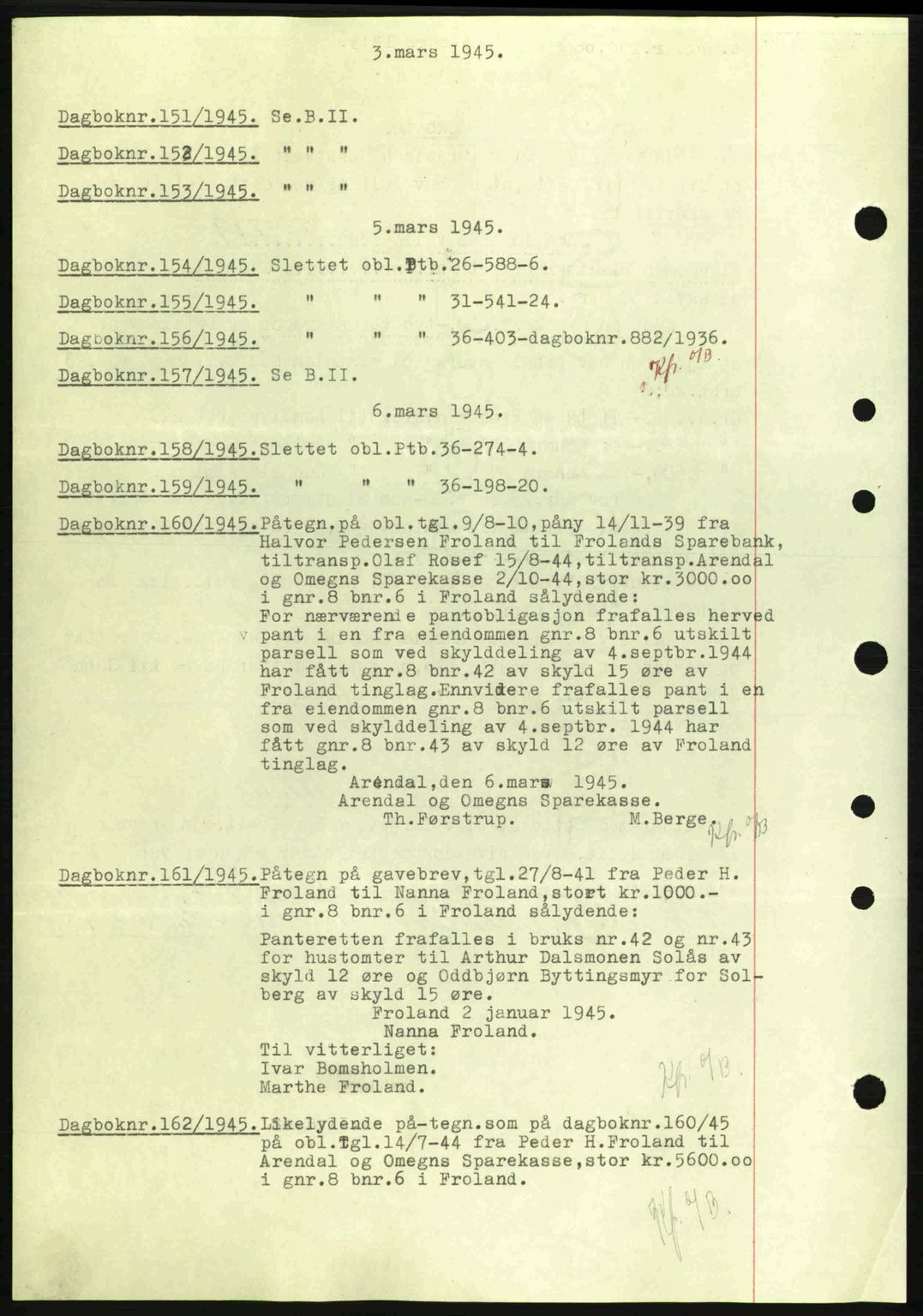 Nedenes sorenskriveri, SAK/1221-0006/G/Gb/Gba/L0052: Pantebok nr. A6a, 1944-1945, Dagboknr: 151/1945
