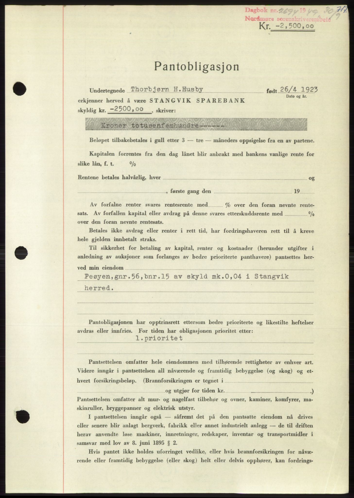 Nordmøre sorenskriveri, SAT/A-4132/1/2/2Ca: Pantebok nr. B102, 1949-1949, Dagboknr: 2694/1949