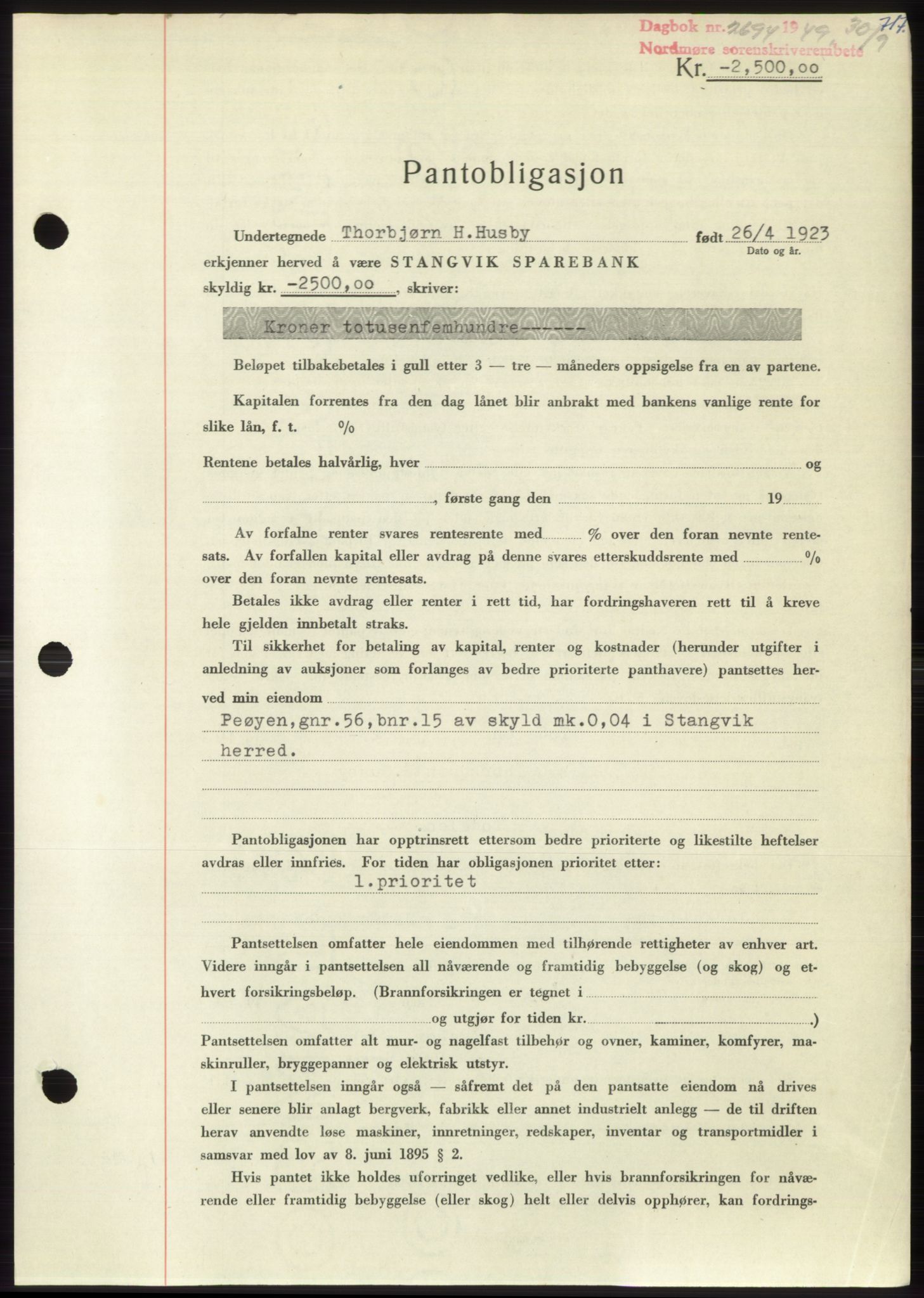 Nordmøre sorenskriveri, AV/SAT-A-4132/1/2/2Ca: Pantebok nr. B102, 1949-1949, Dagboknr: 2694/1949