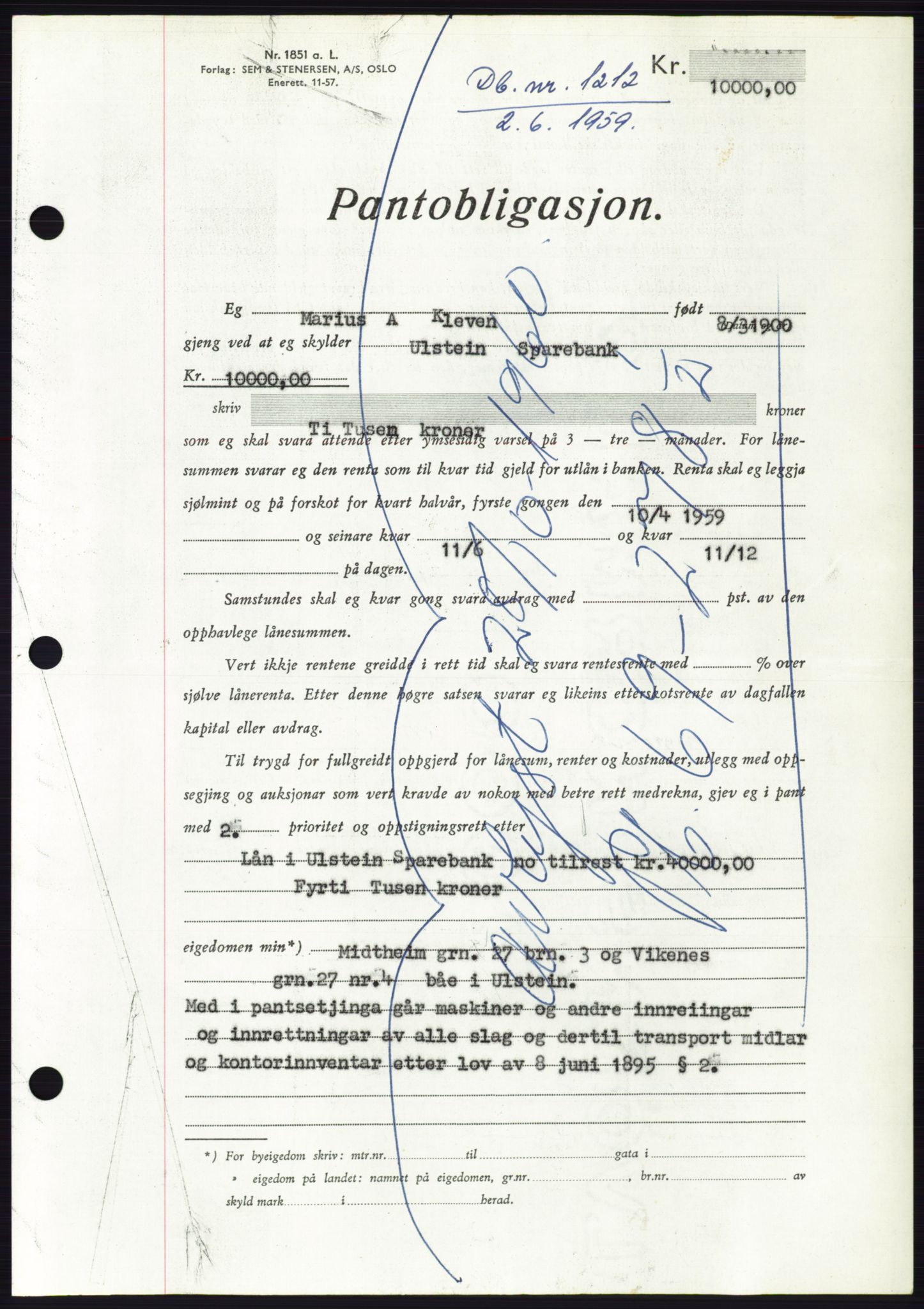 Søre Sunnmøre sorenskriveri, SAT/A-4122/1/2/2C/L0133: Pantebok nr. 21B, 1959-1959, Dagboknr: 1212/1959