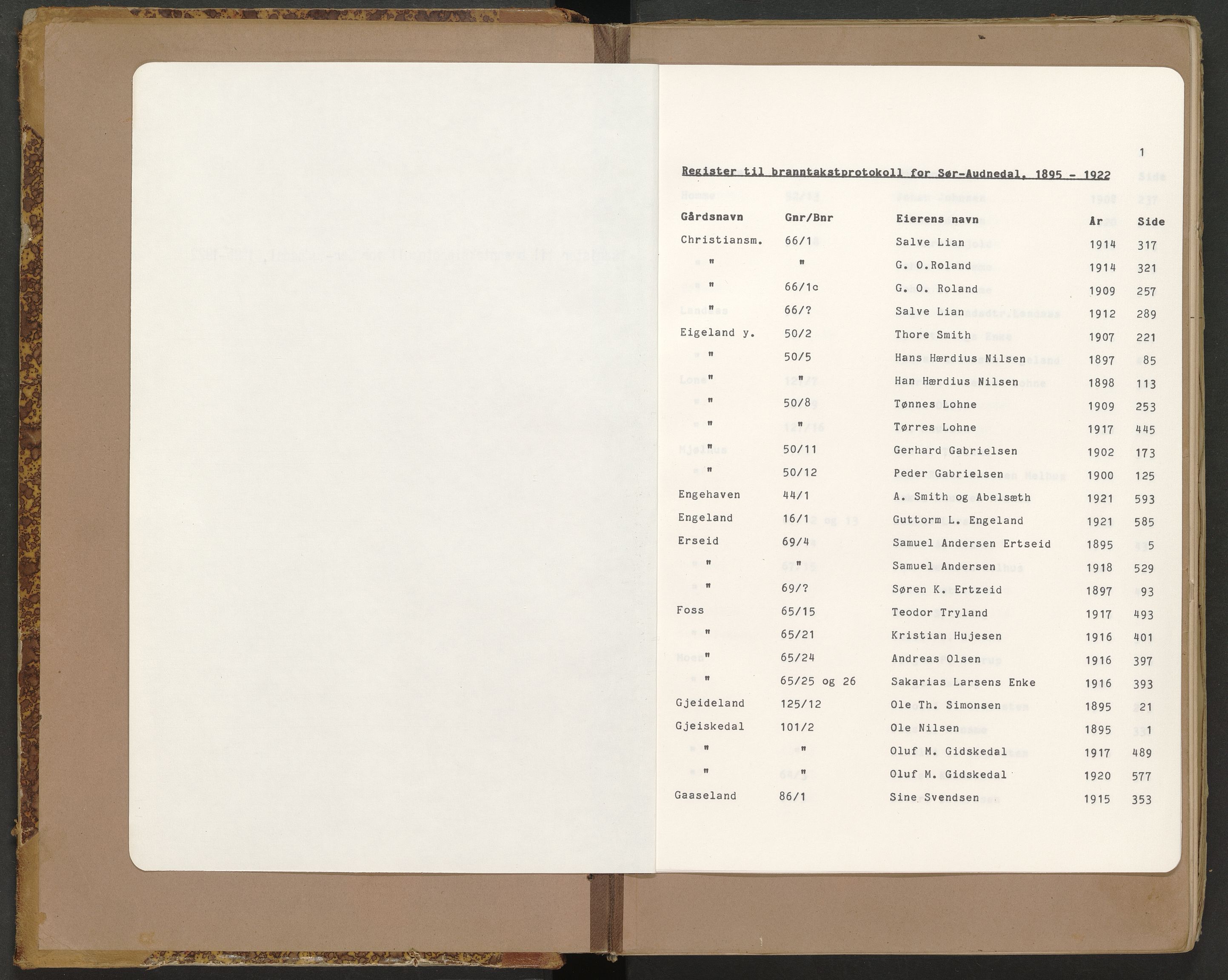 Norges Brannkasse Sør-Audnedal, AV/SAK-2241-0048/F/Fa/L0003: Branntakstprotokoll nr. 3 med gårdsnavnregister, 1895-1922