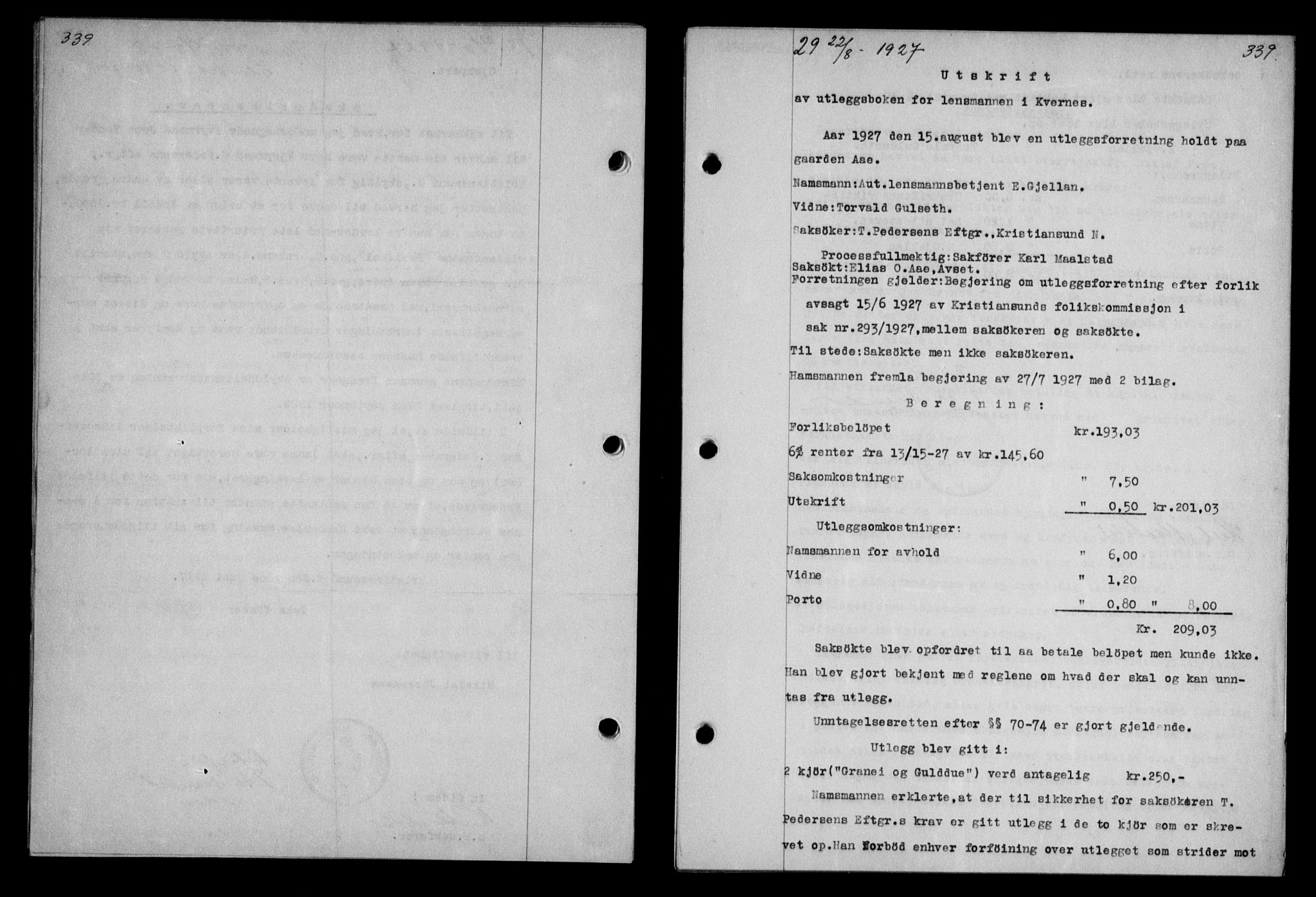 Nordmøre sorenskriveri, AV/SAT-A-4132/1/2/2Ca/L0062: Pantebok nr. 52, 1927-1927, Tingl.dato: 22.08.1927