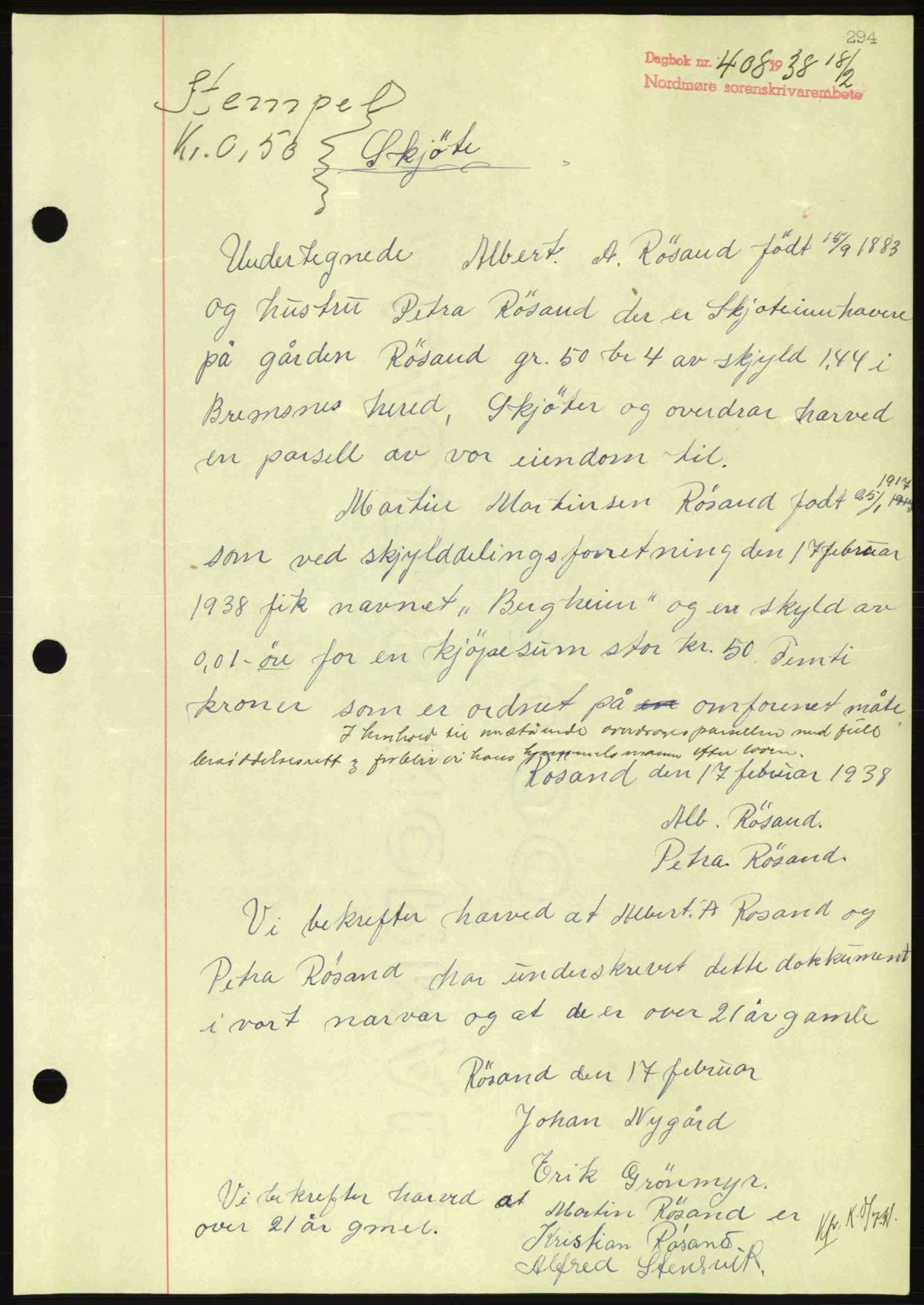 Nordmøre sorenskriveri, SAT/A-4132/1/2/2Ca: Pantebok nr. A83, 1938-1938, Dagboknr: 408/1938