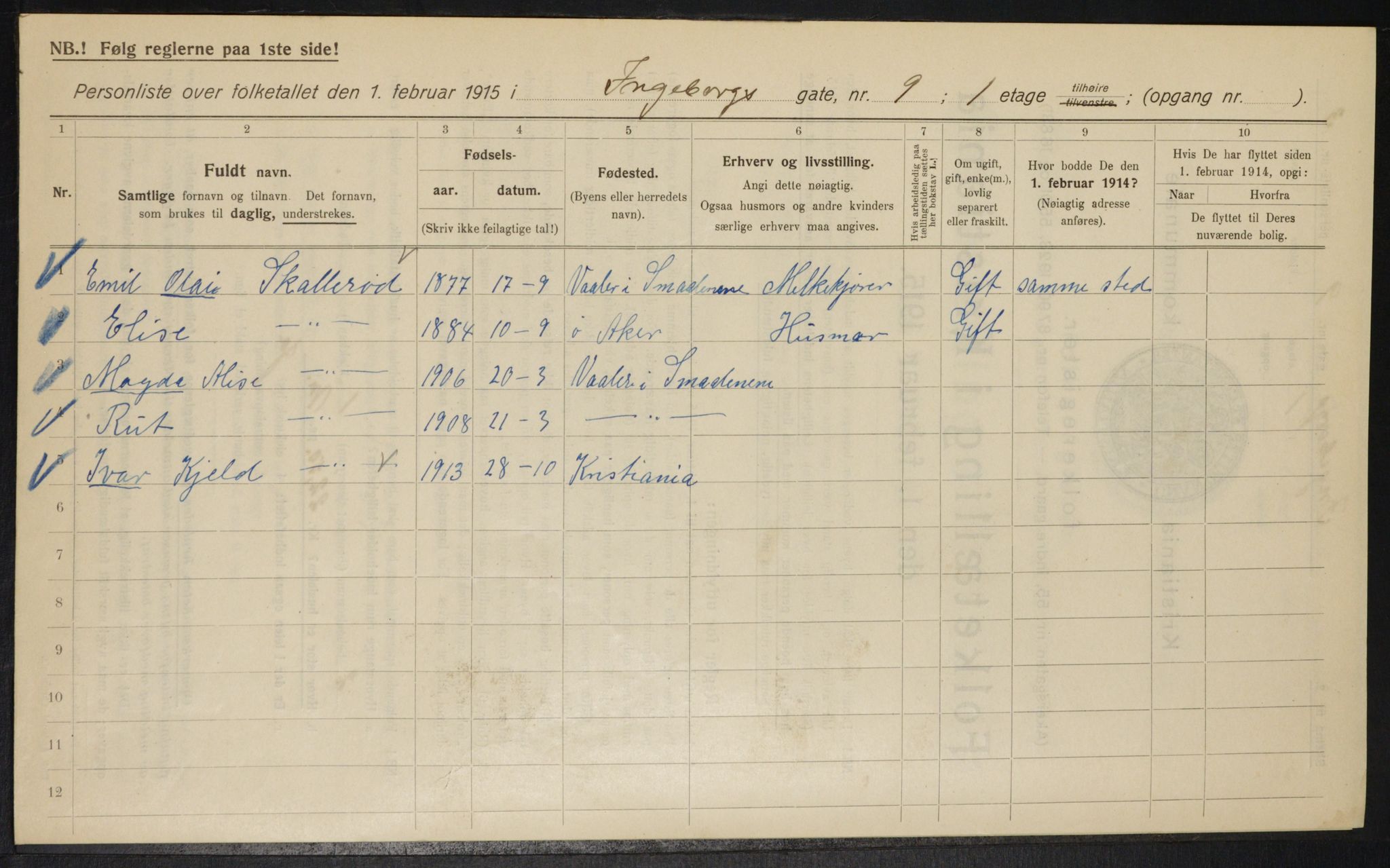 OBA, Kommunal folketelling 1.2.1915 for Kristiania, 1915, s. 43291