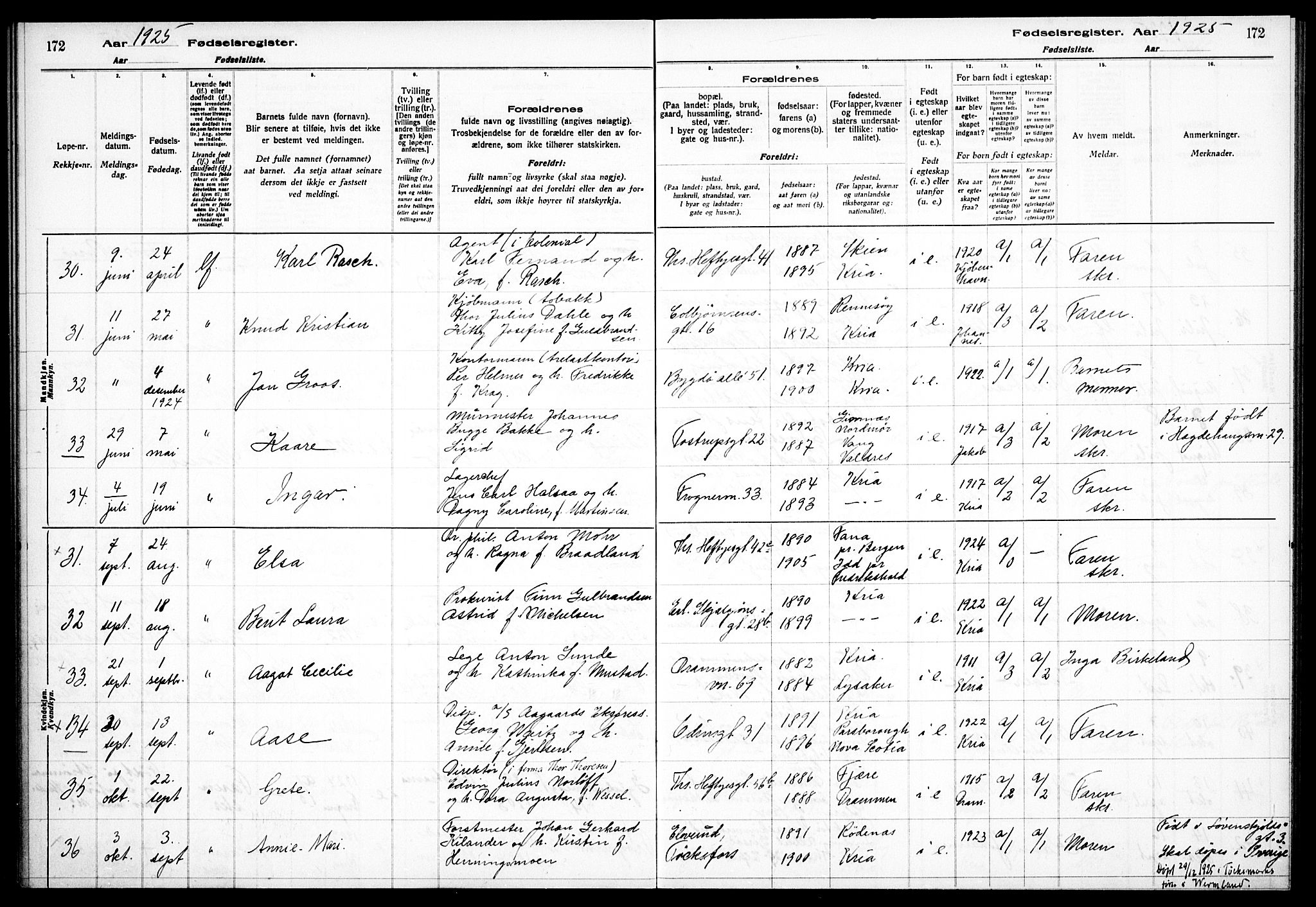 Frogner prestekontor Kirkebøker, AV/SAO-A-10886/J/Ja/L0001: Fødselsregister nr. 1, 1916-1927, s. 172