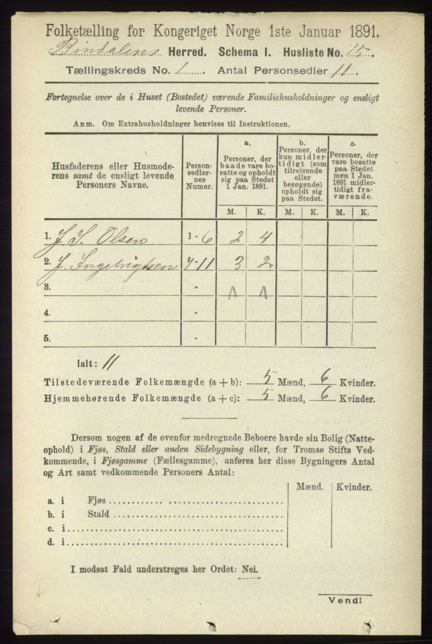 RA, Folketelling 1891 for 1811 Bindal herred, 1891, s. 41