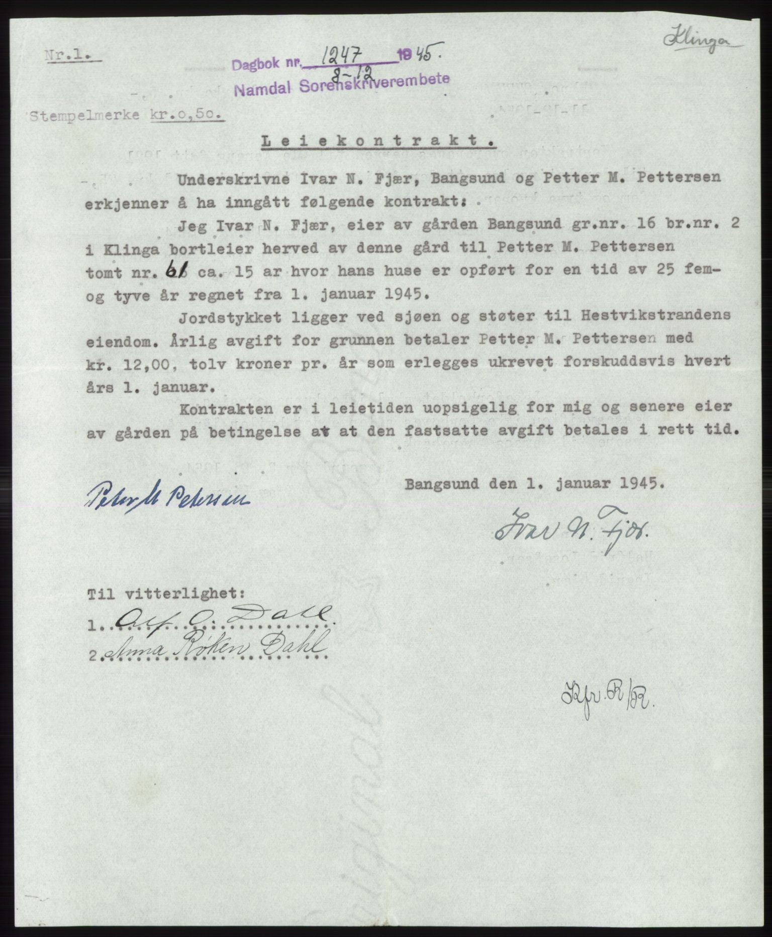 Namdal sorenskriveri, SAT/A-4133/1/2/2C: Pantebok nr. -, 1944-1945, Dagboknr: 1247/1945