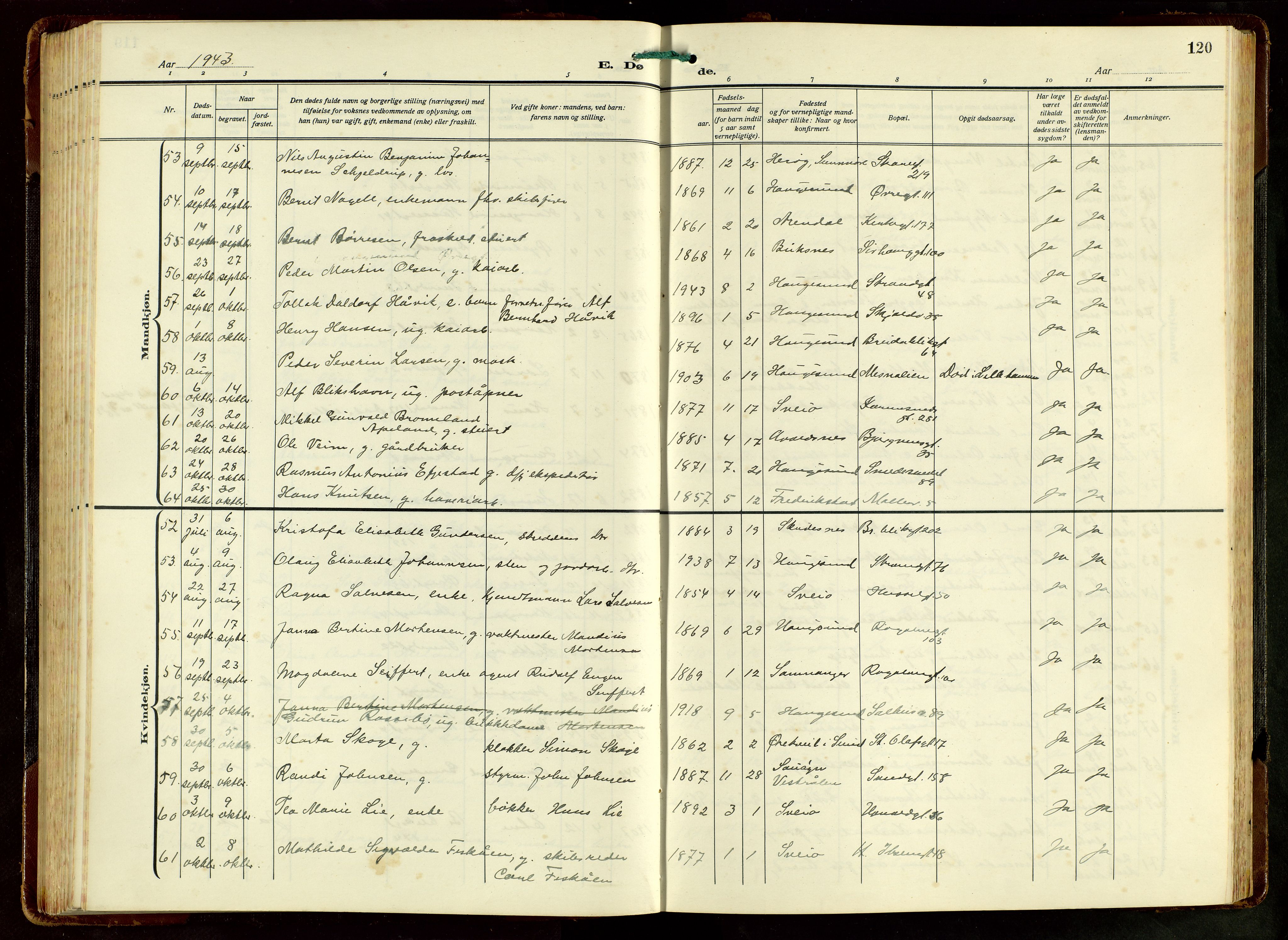 Haugesund sokneprestkontor, AV/SAST-A -101863/H/Ha/Hab/L0012: Klokkerbok nr. B 12, 1930-1958, s. 120