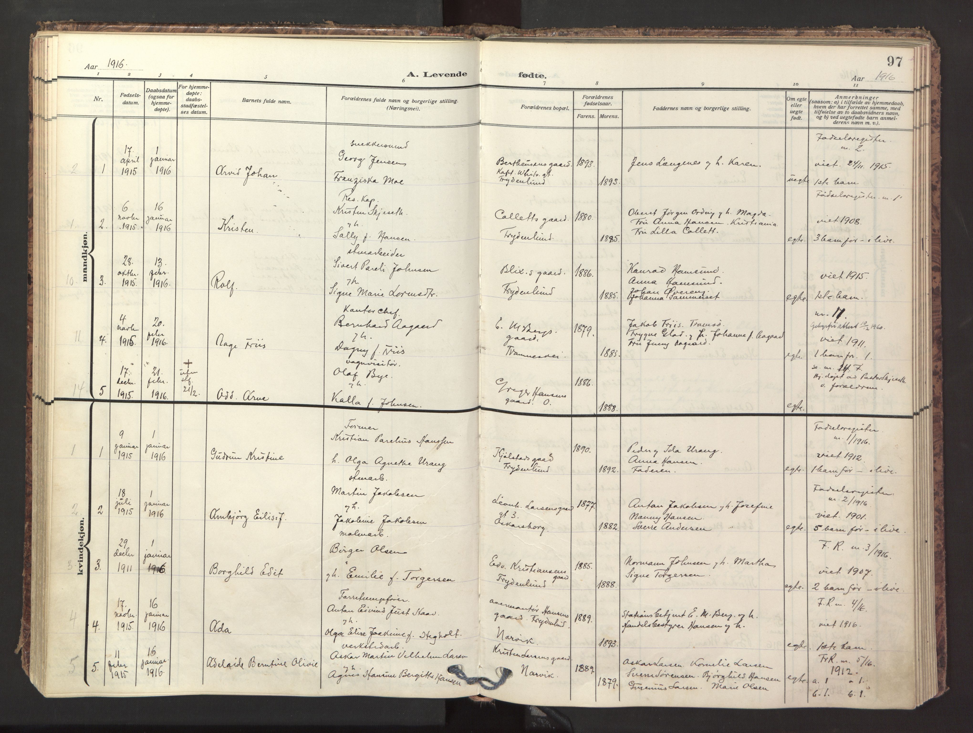 Ministerialprotokoller, klokkerbøker og fødselsregistre - Nordland, AV/SAT-A-1459/871/L1001: Ministerialbok nr. 871A17, 1911-1921, s. 97