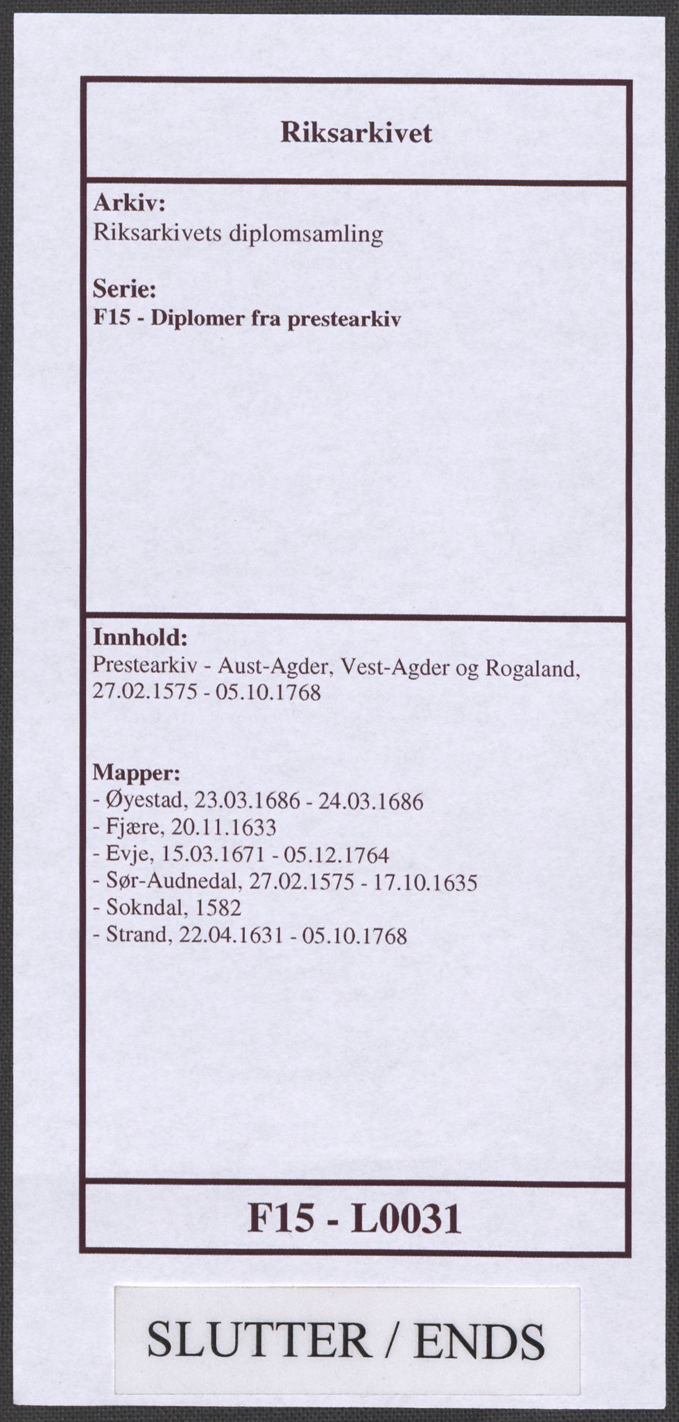 Riksarkivets diplomsamling, AV/RA-EA-5965/F15/L0031: Prestearkiv - Aust-Agder, Vest-Agder og Rogaland, 1575-1768, s. 182