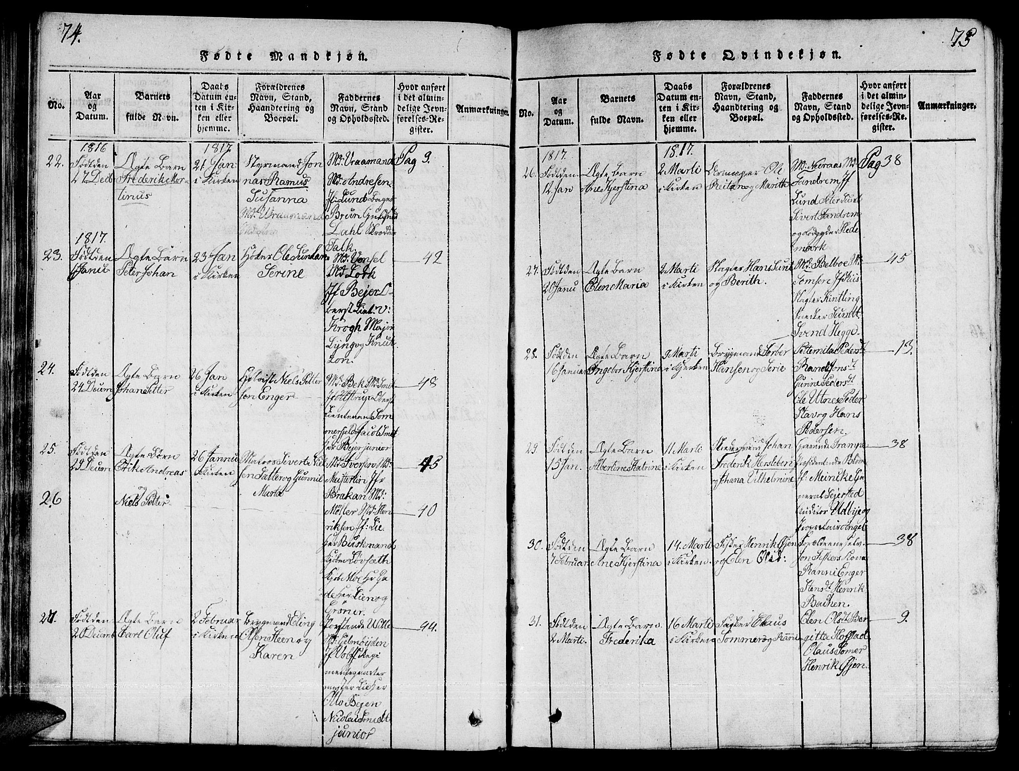 Ministerialprotokoller, klokkerbøker og fødselsregistre - Sør-Trøndelag, SAT/A-1456/601/L0043: Ministerialbok nr. 601A11, 1815-1821, s. 74-75