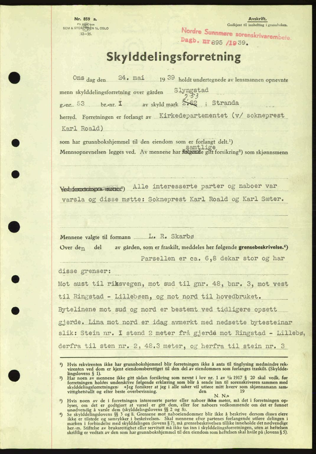 Nordre Sunnmøre sorenskriveri, SAT/A-0006/1/2/2C/2Ca: Pantebok nr. A7, 1939-1939, Dagboknr: 895/1939