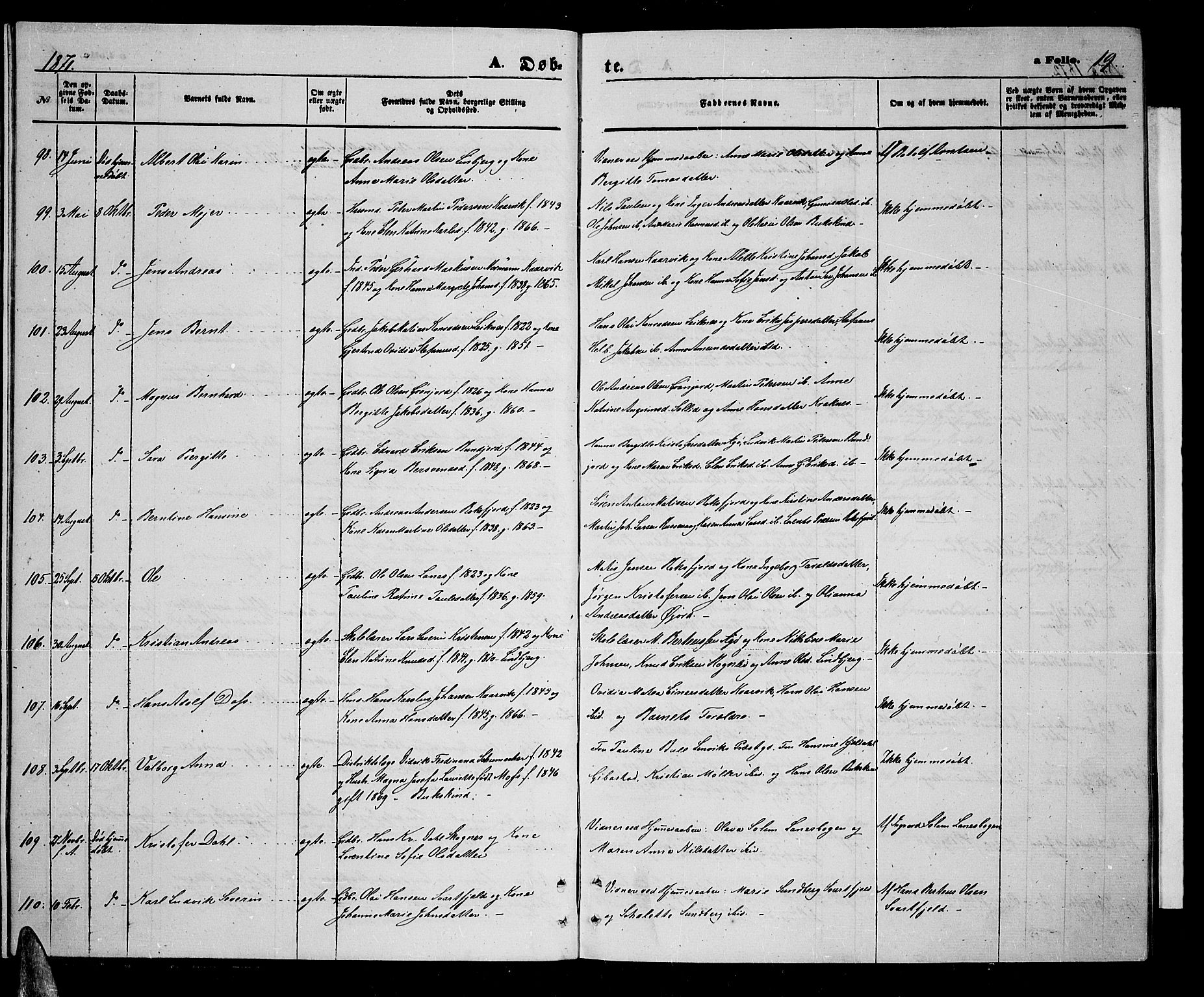 Lenvik sokneprestembete, AV/SATØ-S-1310/H/Ha/Hab/L0005klokker: Klokkerbok nr. 5, 1870-1880, s. 19