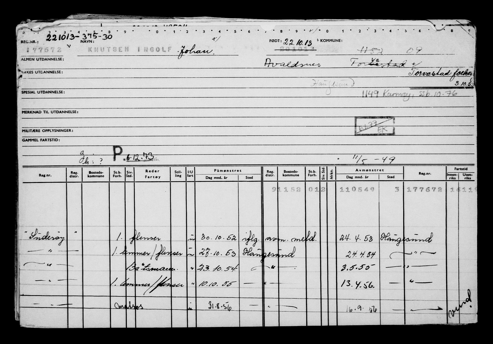 Direktoratet for sjømenn, AV/RA-S-3545/G/Gb/L0116: Hovedkort, 1913, s. 169