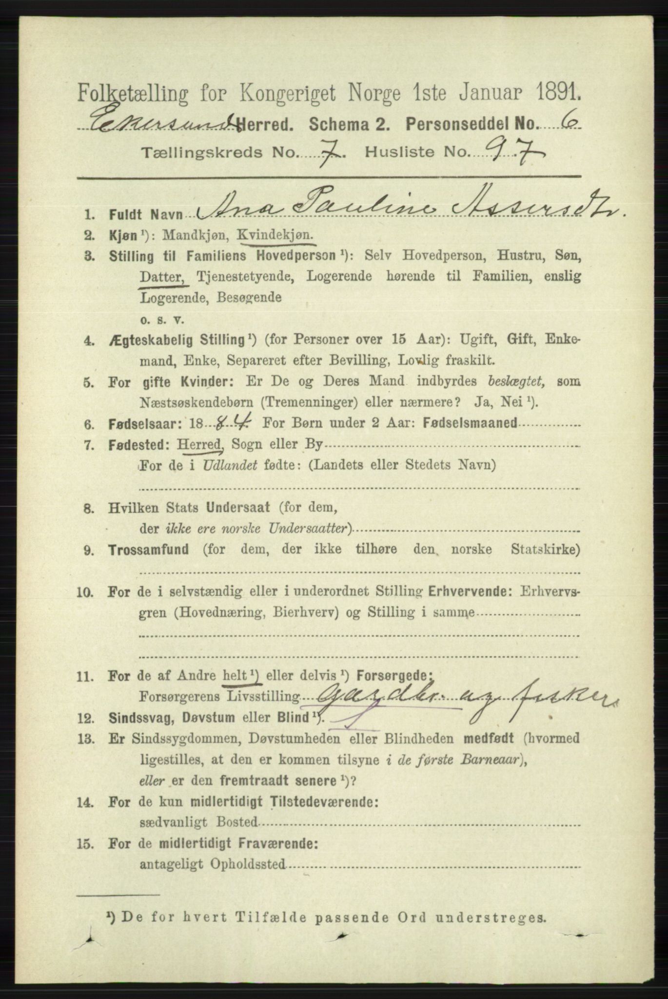 RA, Folketelling 1891 for 1116 Eigersund herred, 1891, s. 3395
