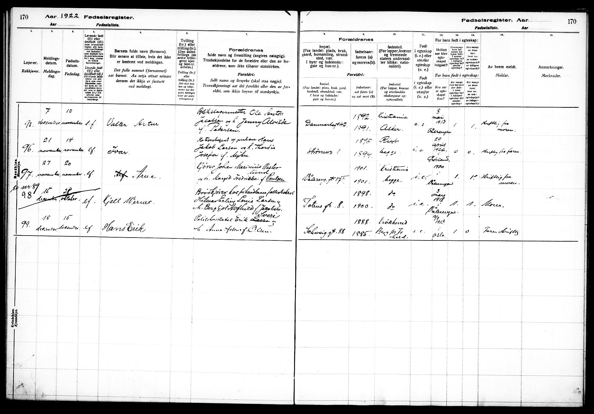Vålerengen prestekontor Kirkebøker, AV/SAO-A-10878/J/Ja/L0001: Fødselsregister nr. 1, 1916-1924, s. 170