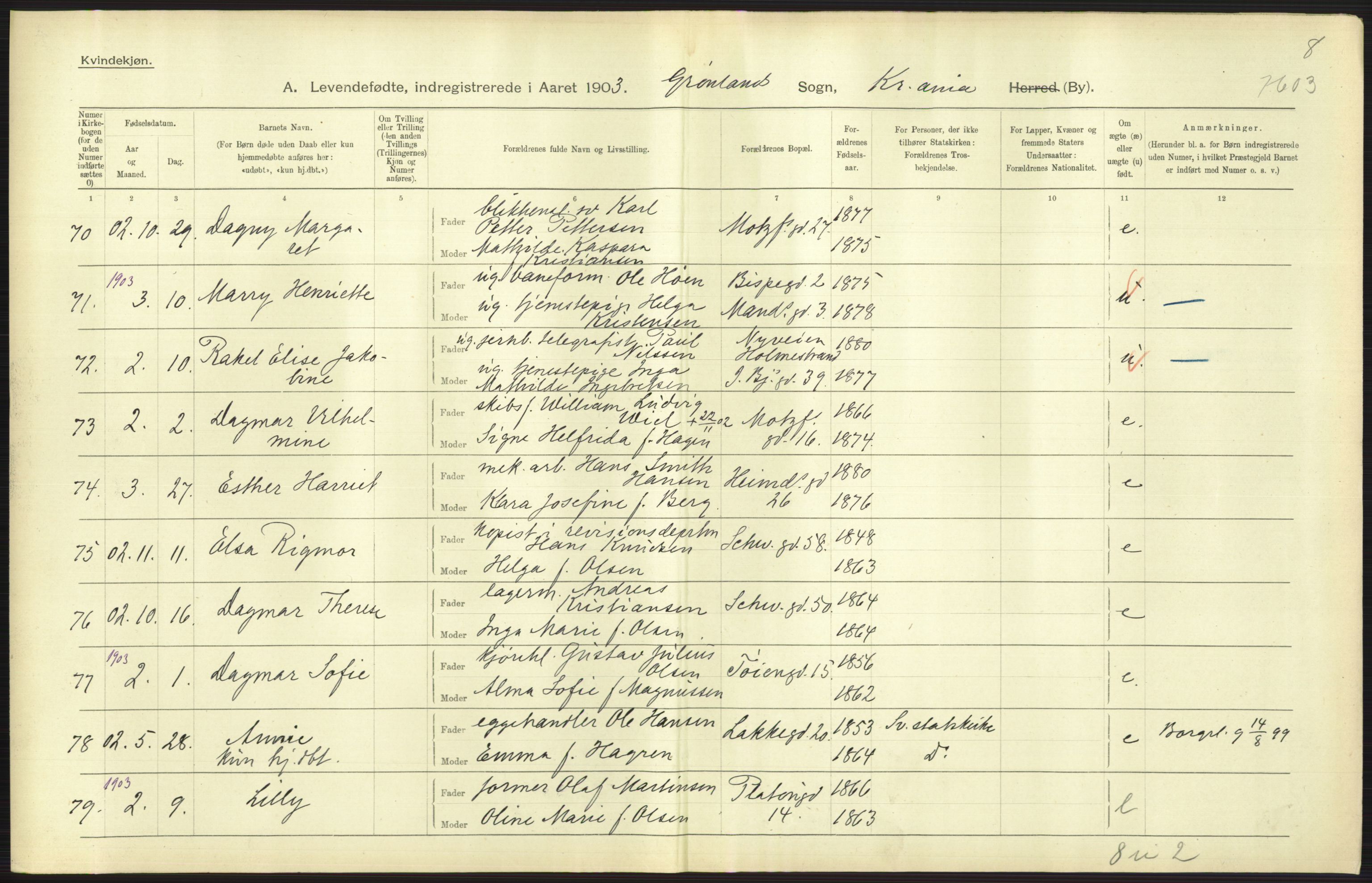 Statistisk sentralbyrå, Sosiodemografiske emner, Befolkning, AV/RA-S-2228/D/Df/Dfa/Dfaa/L0003: Kristiania: Fødte, 1903, s. 617