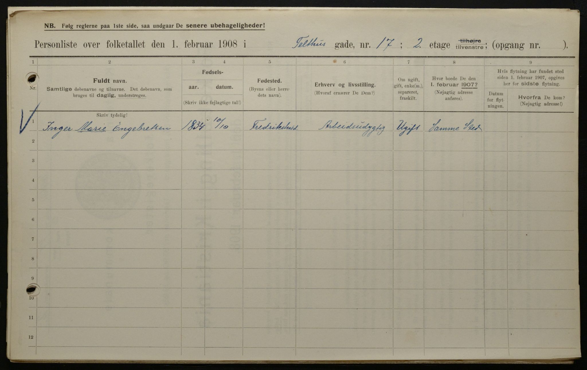 OBA, Kommunal folketelling 1.2.1908 for Kristiania kjøpstad, 1908, s. 96754