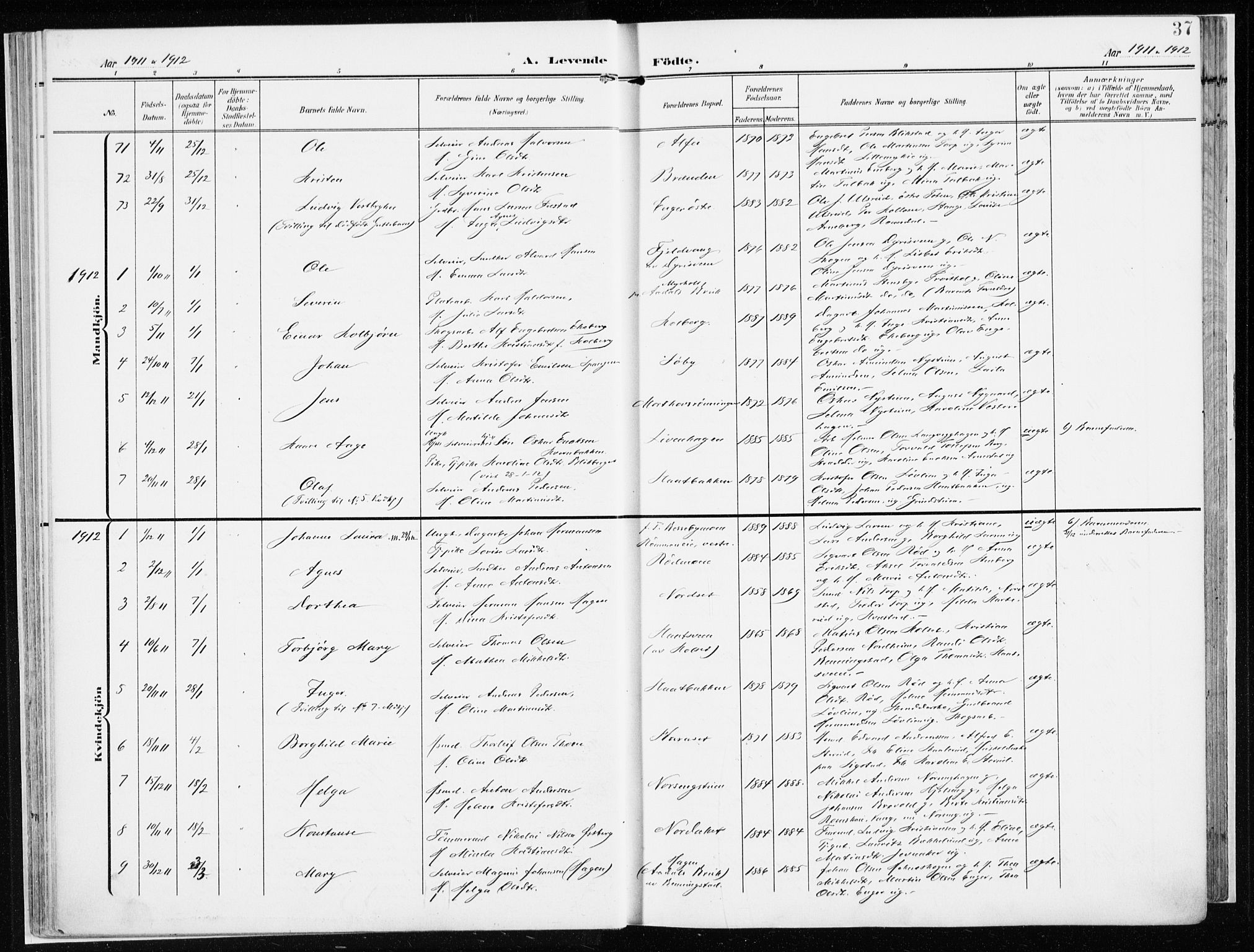 Løten prestekontor, AV/SAH-PREST-022/K/Ka/L0011: Ministerialbok nr. 11, 1908-1917, s. 37