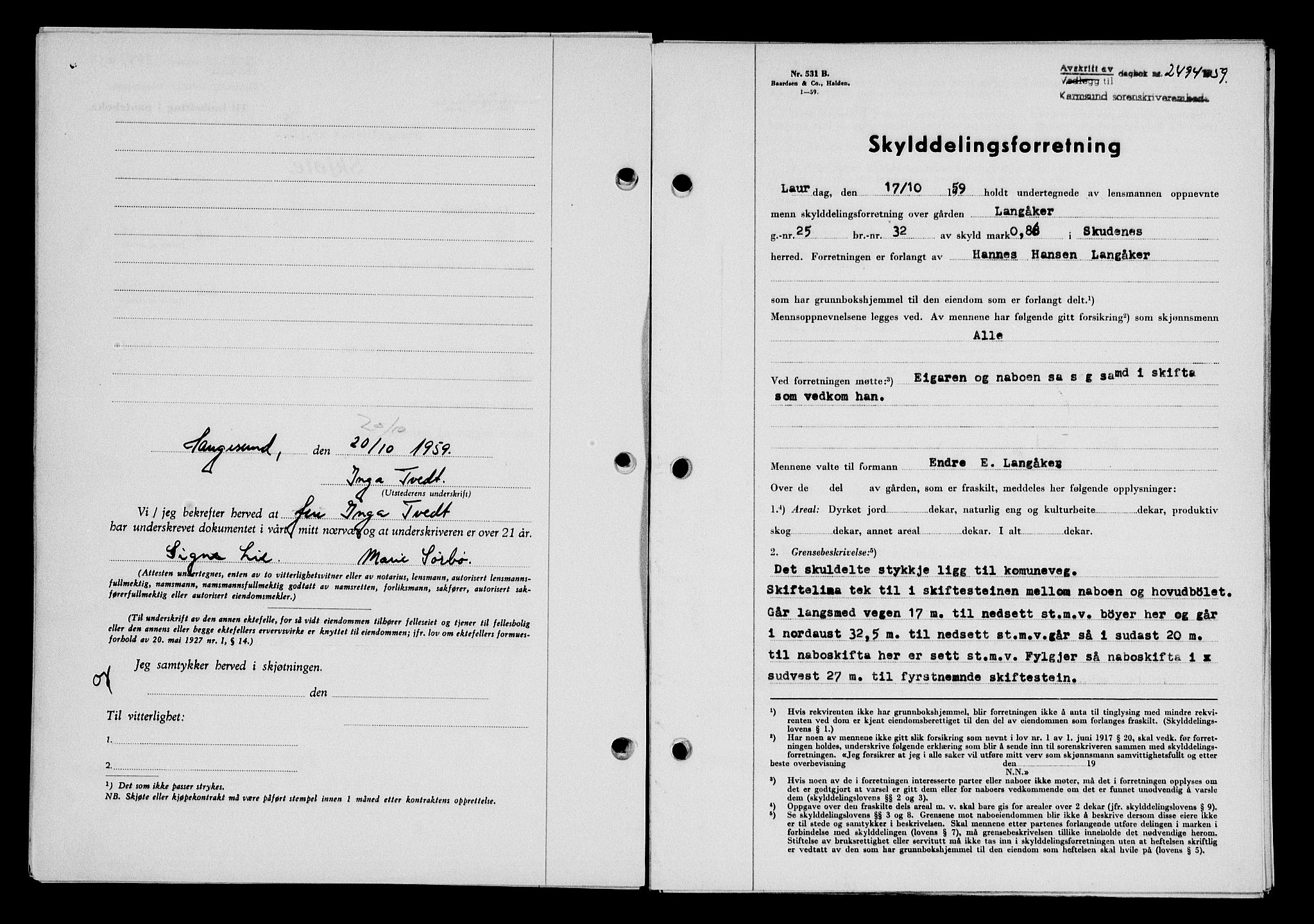 Karmsund sorenskriveri, SAST/A-100311/01/II/IIB/L0132: Pantebok nr. 112A, 1959-1959, Dagboknr: 2494/1959