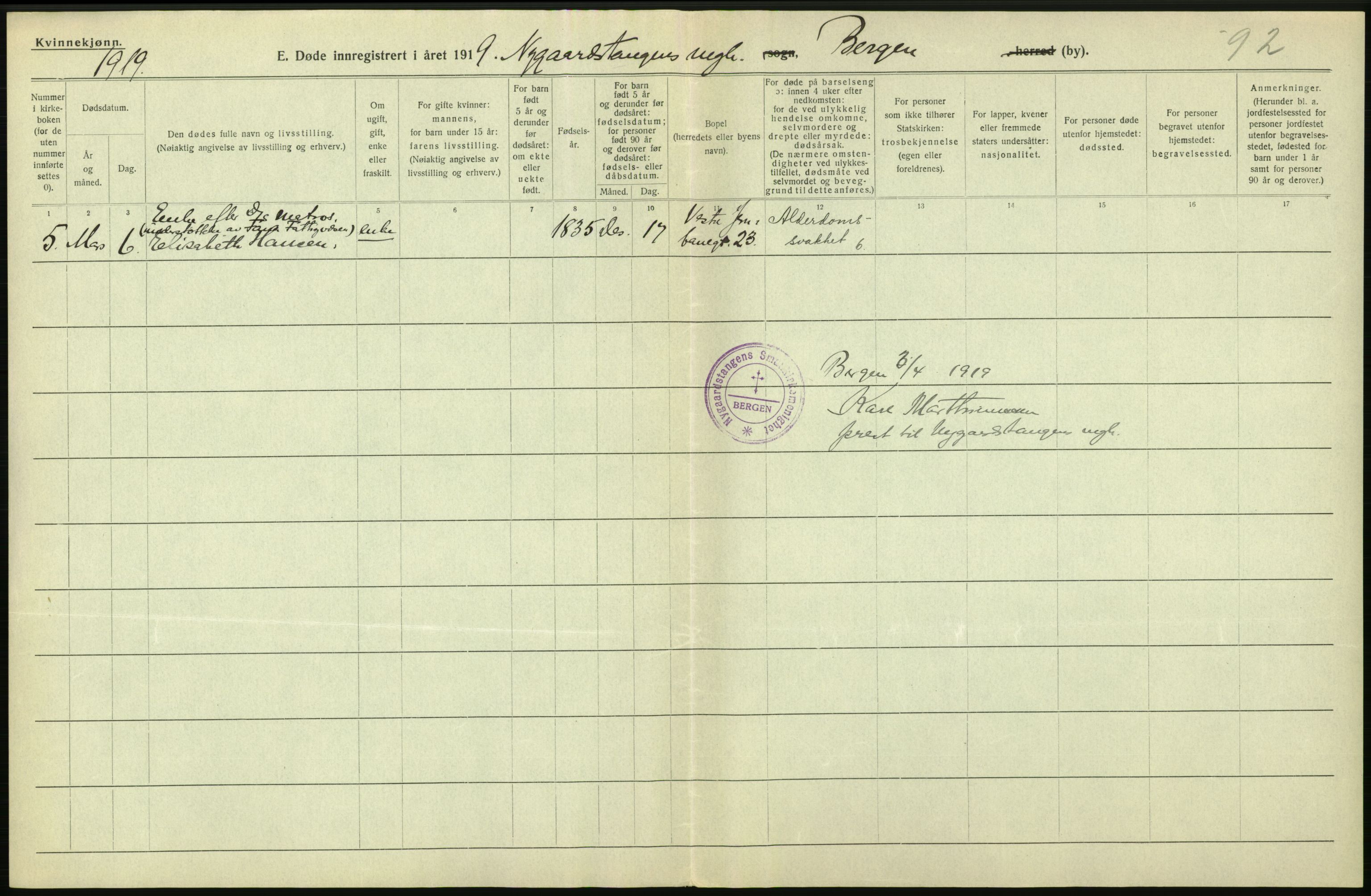 Statistisk sentralbyrå, Sosiodemografiske emner, Befolkning, AV/RA-S-2228/D/Df/Dfb/Dfbi/L0035: Bergen: Gifte, døde, dødfødte., 1919, s. 286