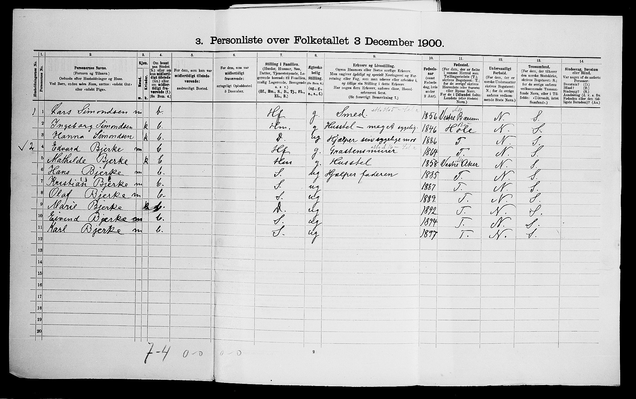 SAO, Folketelling 1900 for 0219 Bærum herred, 1900