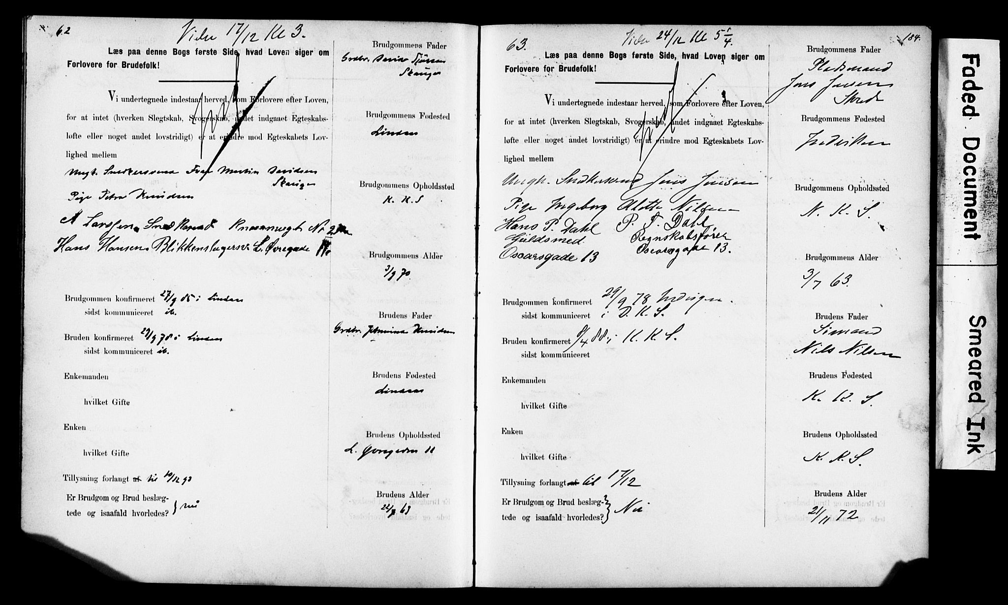 Korskirken sokneprestembete, SAB/A-76101: Forlovererklæringer nr. II.5.6, 1889-1898, s. 184