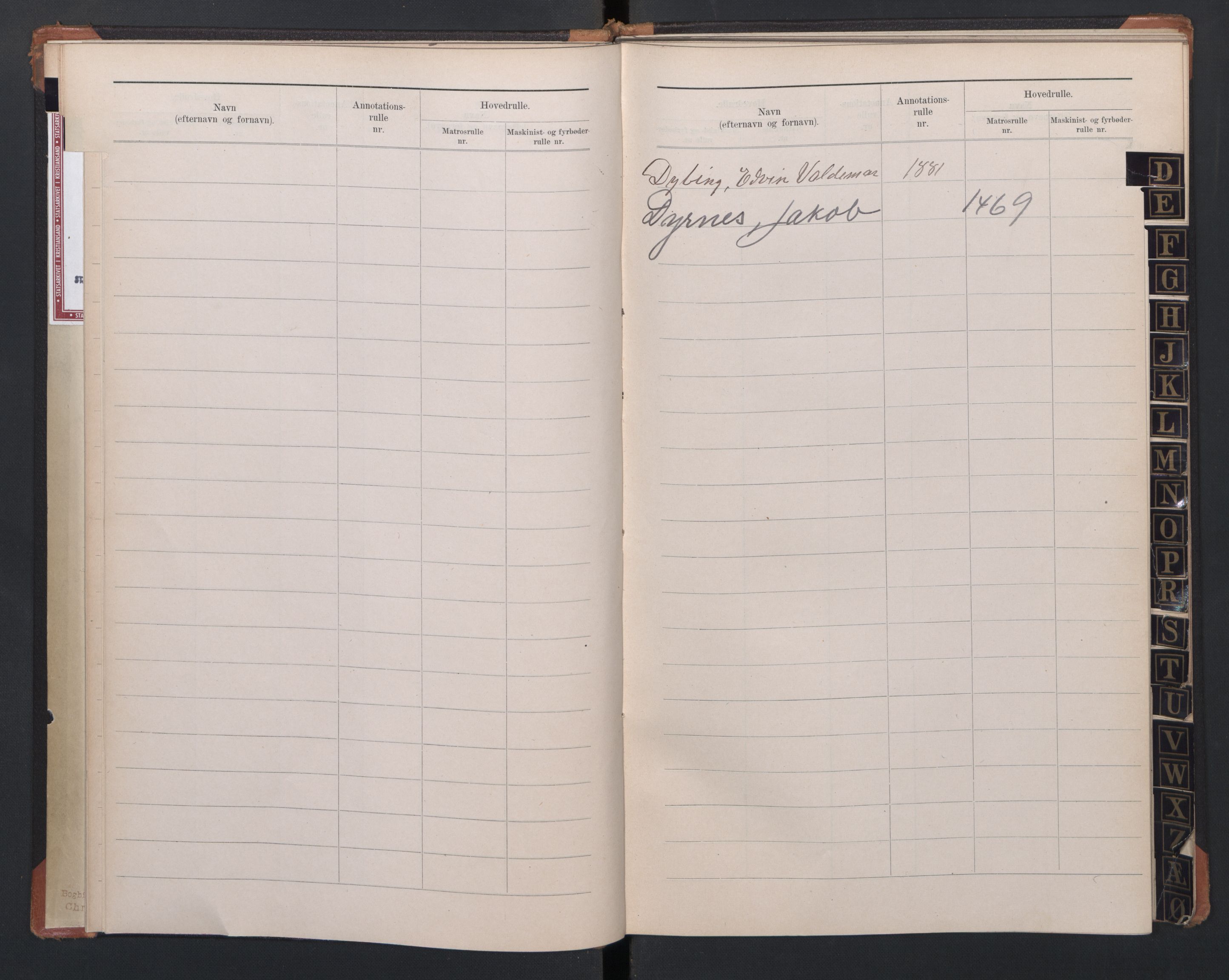 Egersund mønstringskrets, SAK/2031-0019/F/Fb/L0005: Register til hovedrulle og annotasjonsrulle etternavn, O-7, 1868-1948, s. 7