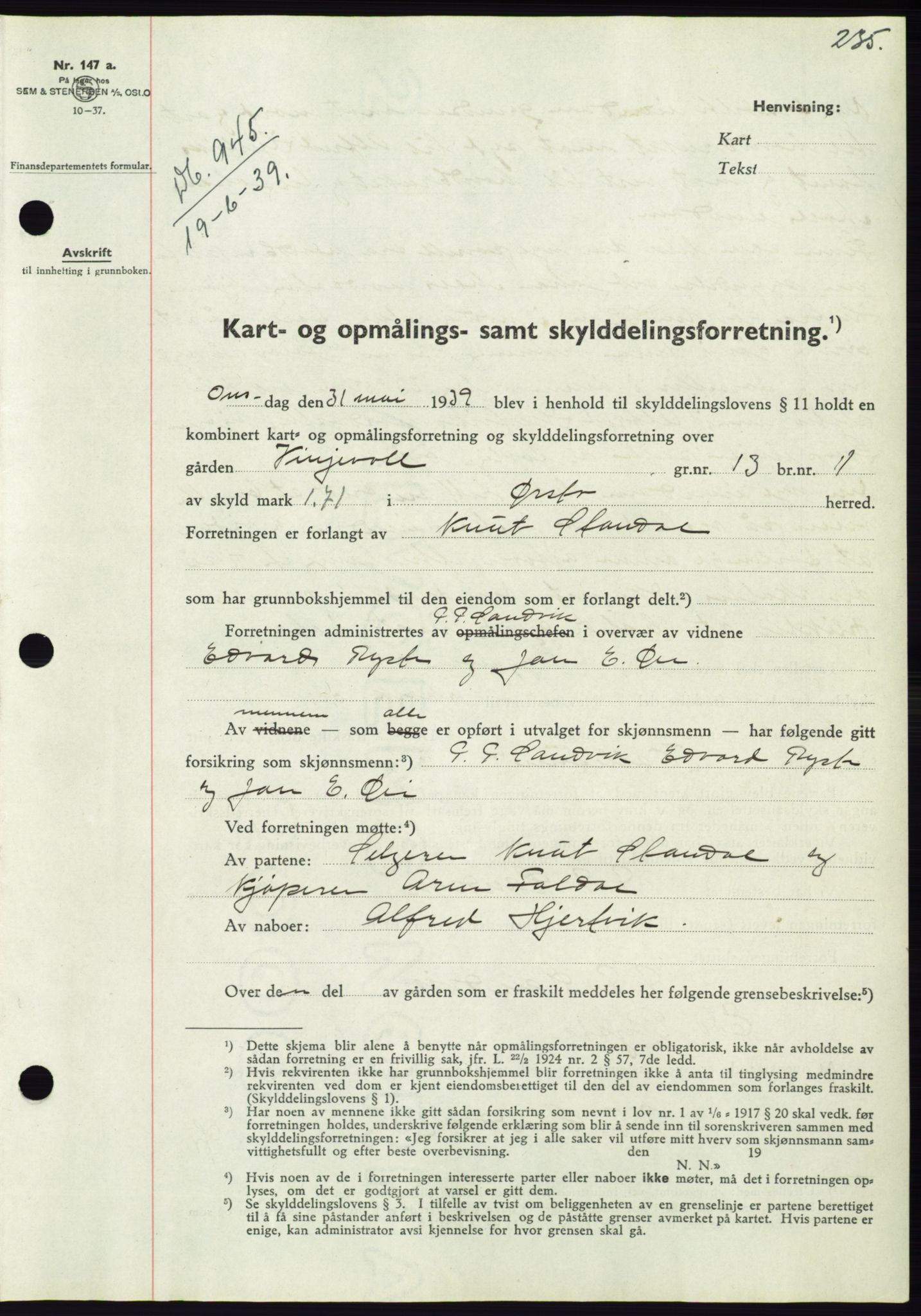 Søre Sunnmøre sorenskriveri, AV/SAT-A-4122/1/2/2C/L0068: Pantebok nr. 62, 1939-1939, Dagboknr: 945/1939