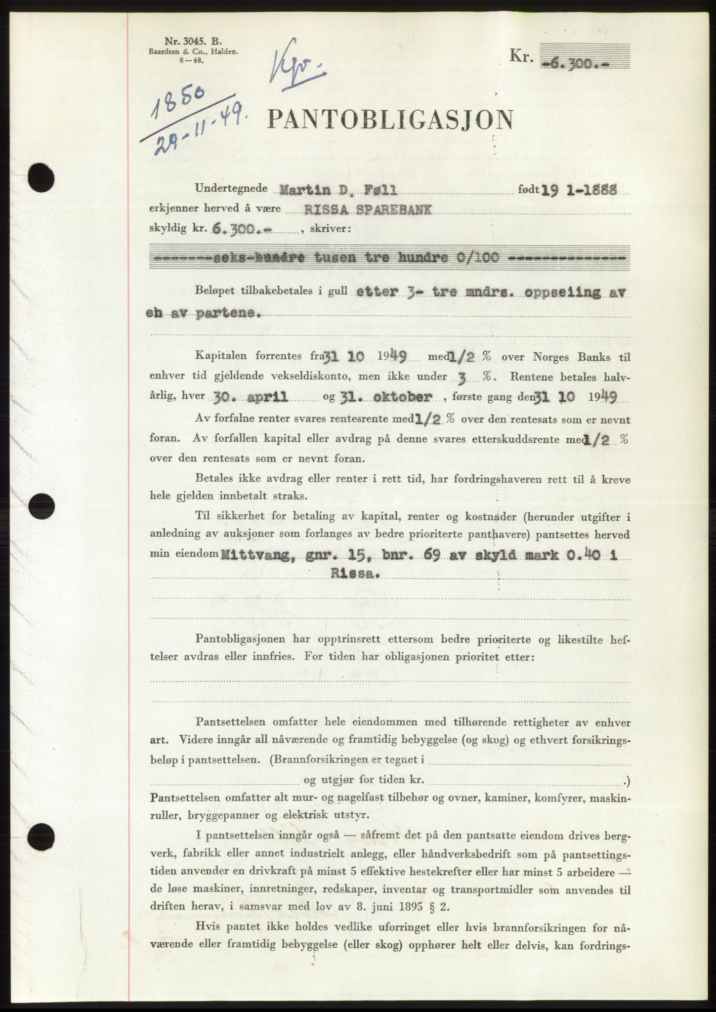 Fosen sorenskriveri, AV/SAT-A-1107/1/2/2C: Pantebok nr. B, 1948-1950, Dagboknr: 1850/1949