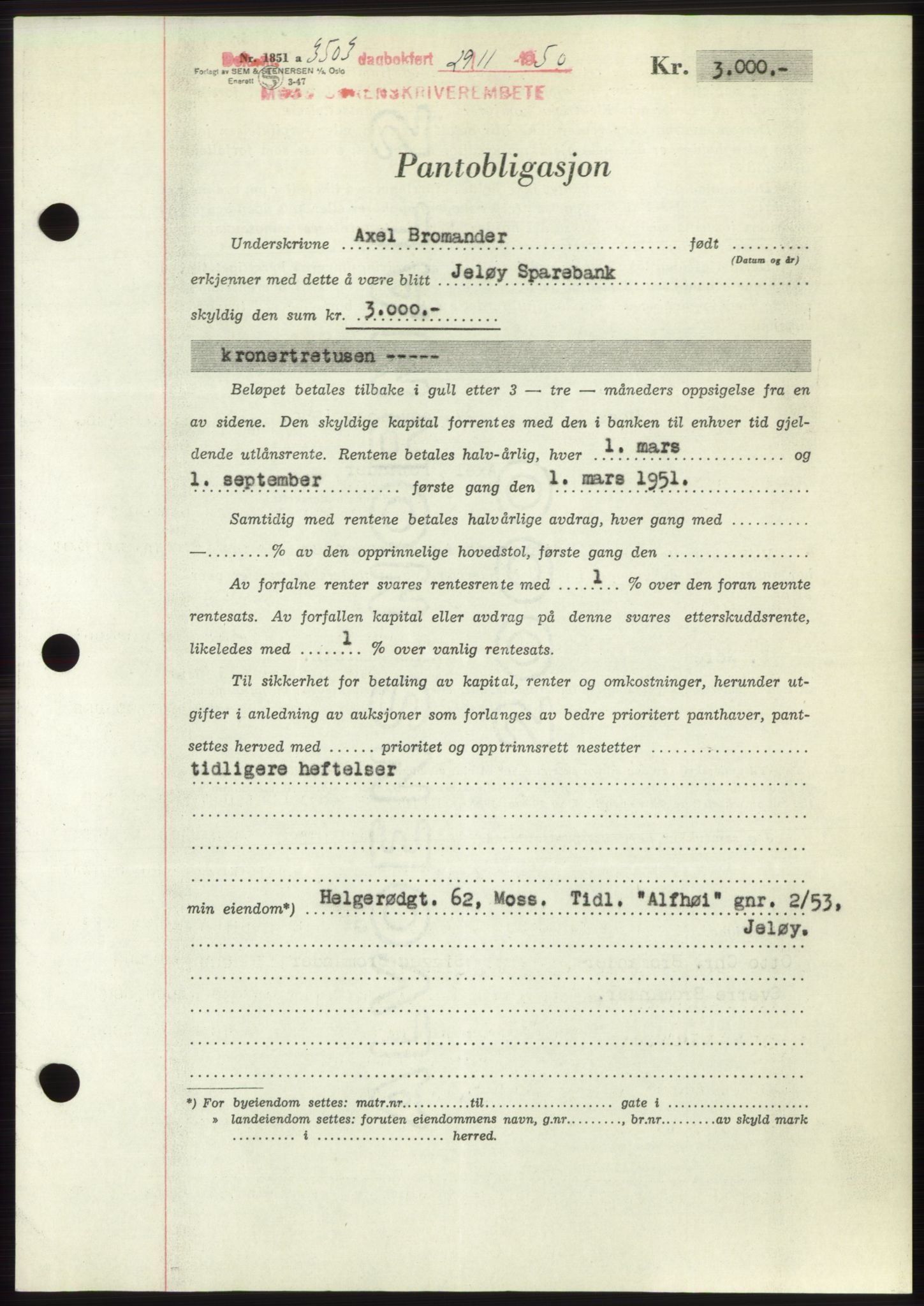 Moss sorenskriveri, SAO/A-10168: Pantebok nr. B25, 1950-1950, Dagboknr: 3503/1950