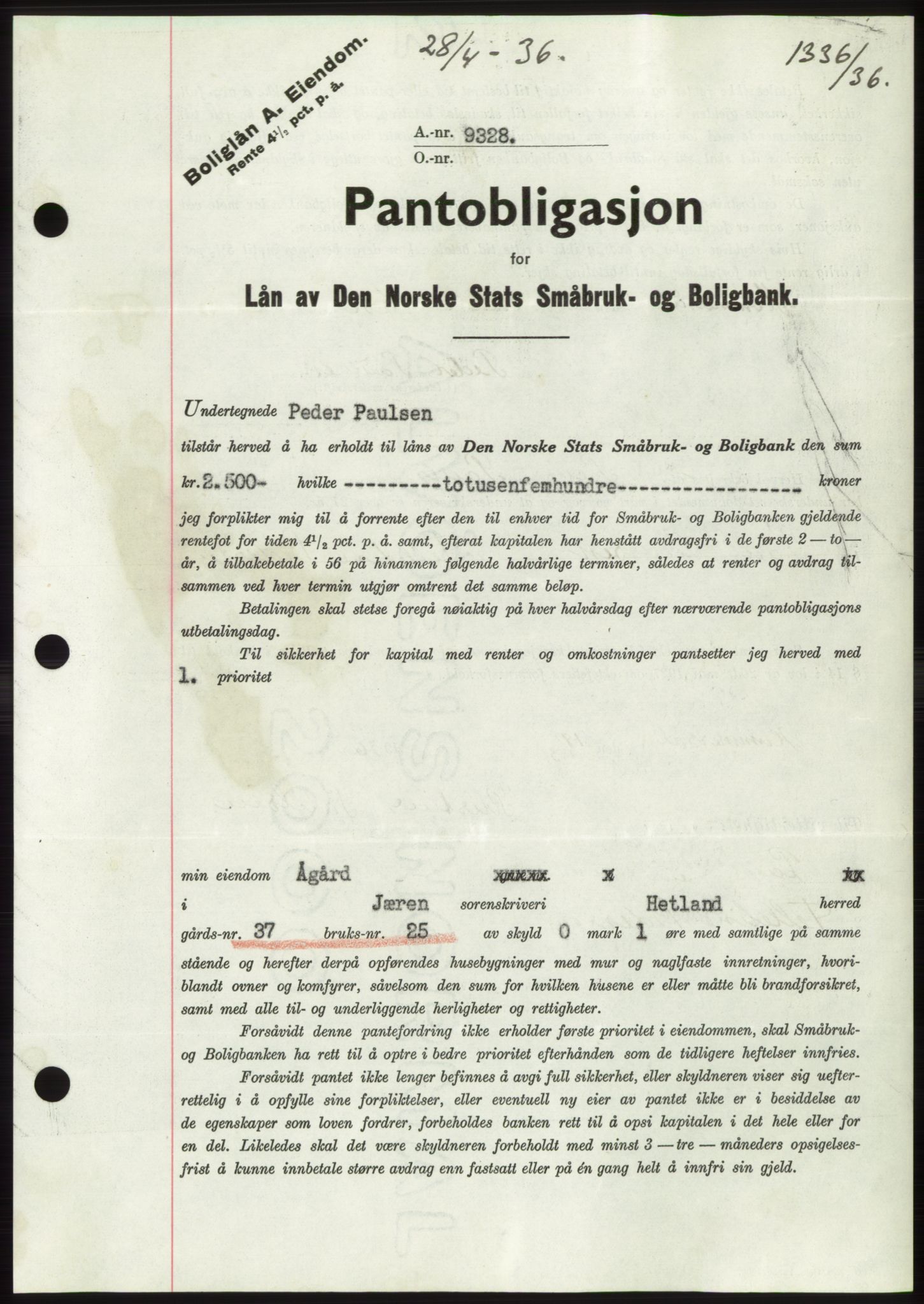 Jæren sorenskriveri, SAST/A-100310/03/G/Gba/L0065: Pantebok nr. 71, 1936-1936, Dagboknr: 1336/1936