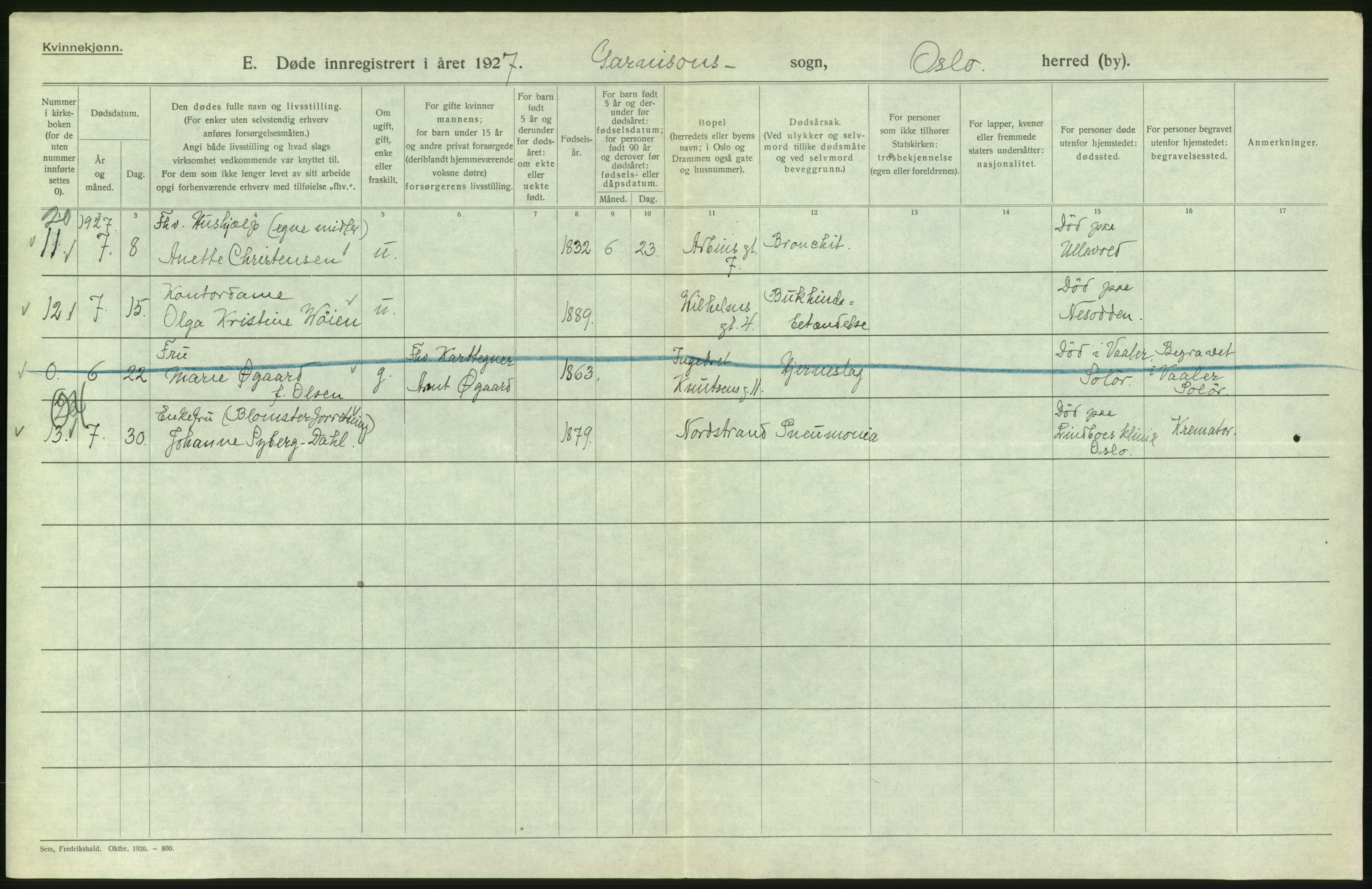 Statistisk sentralbyrå, Sosiodemografiske emner, Befolkning, AV/RA-S-2228/D/Df/Dfc/Dfcg/L0010: Oslo: Døde kvinner, dødfødte, 1927, s. 578