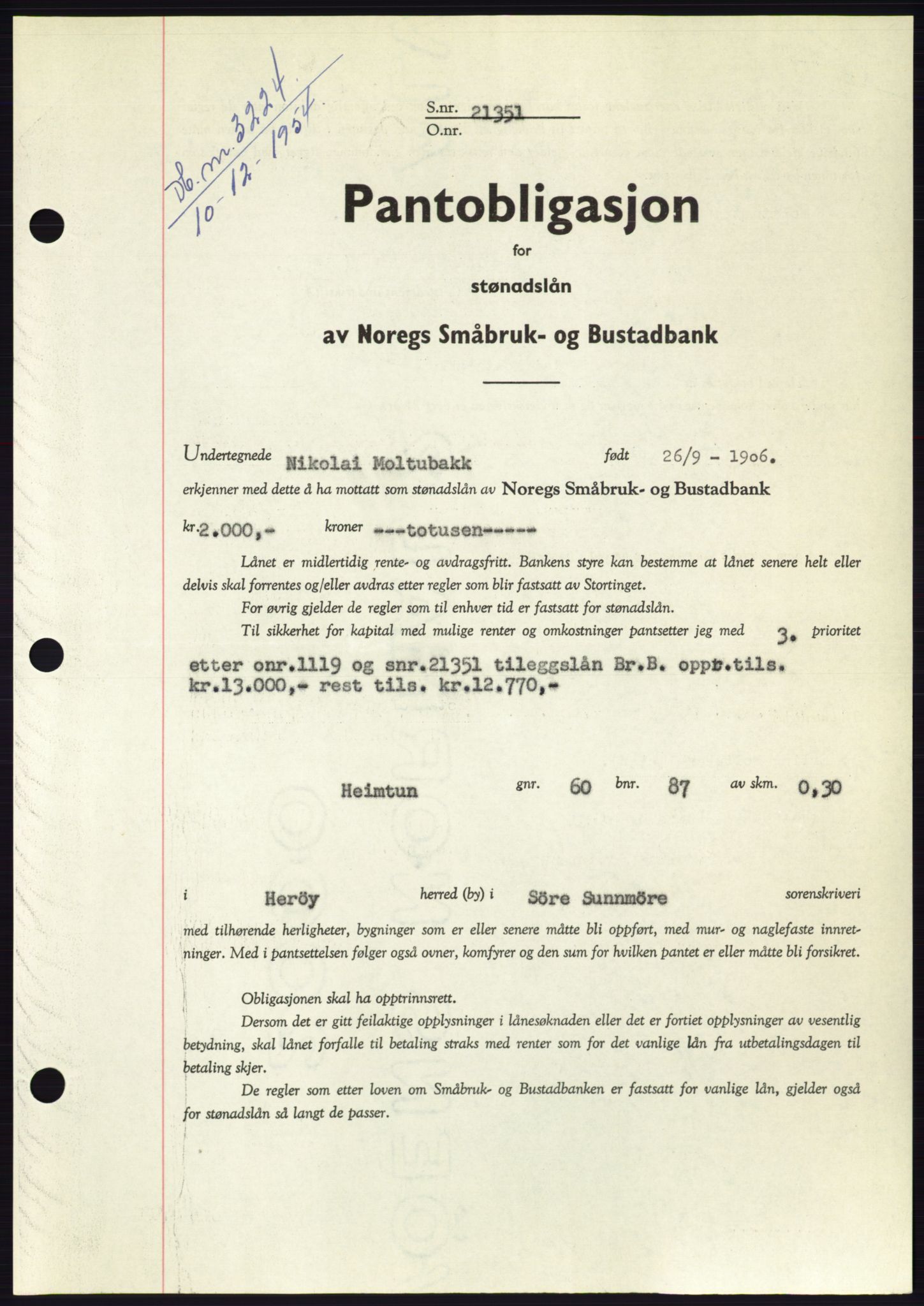 Søre Sunnmøre sorenskriveri, AV/SAT-A-4122/1/2/2C/L0126: Pantebok nr. 14B, 1954-1955, Dagboknr: 3224/1954