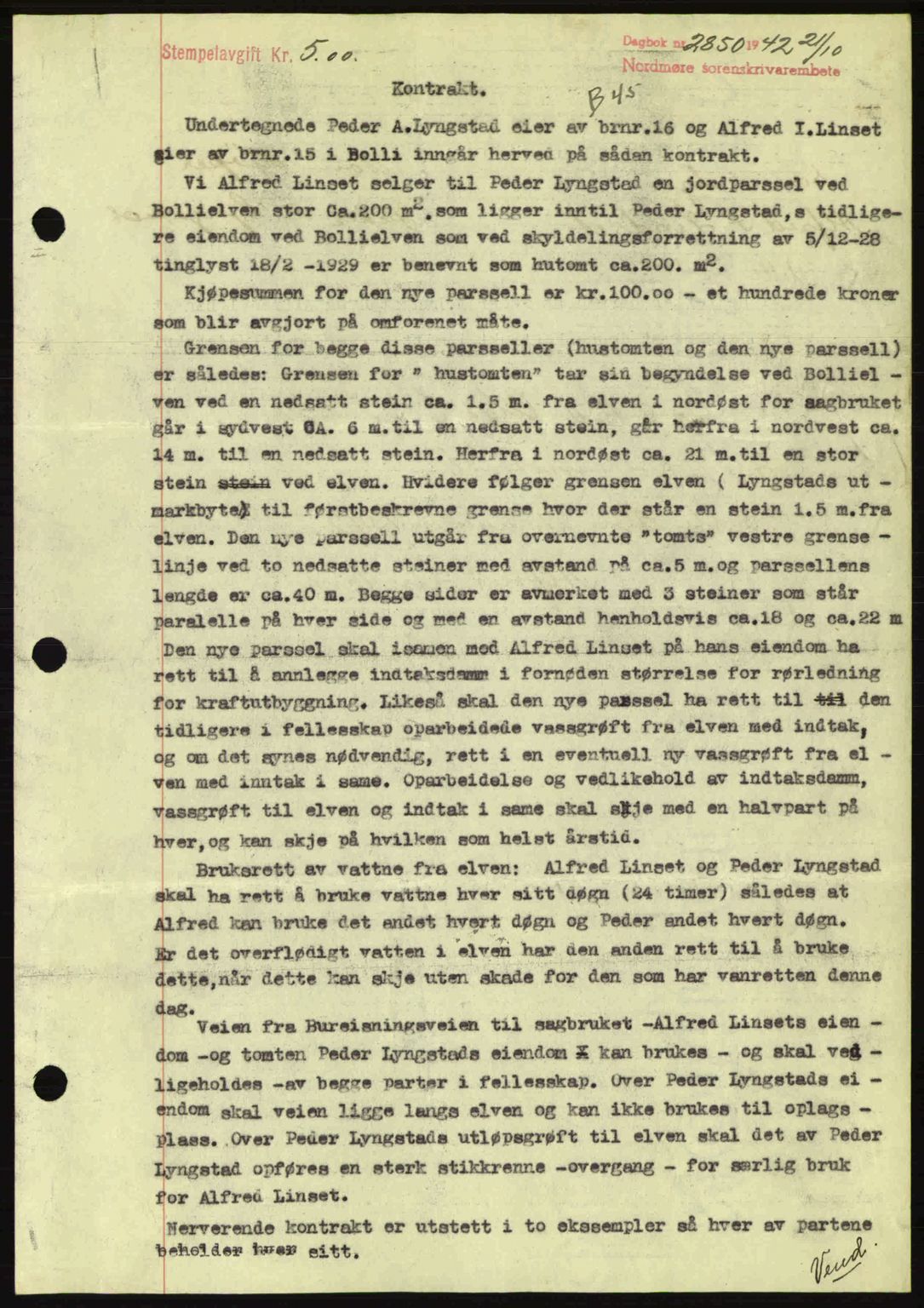 Nordmøre sorenskriveri, SAT/A-4132/1/2/2Ca: Pantebok nr. B90, 1942-1943, Dagboknr: 2850/1942