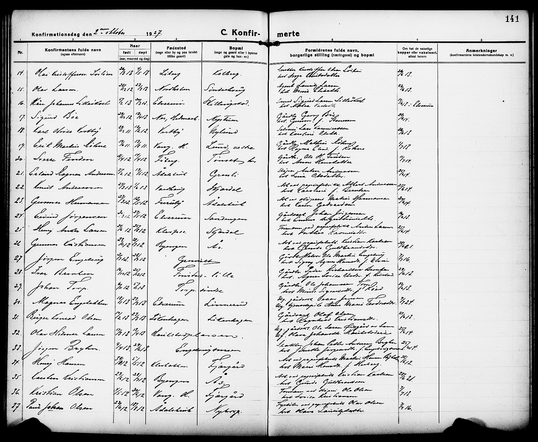 Løten prestekontor, AV/SAH-PREST-022/L/La/L0008: Klokkerbok nr. 8, 1920-1929, s. 141