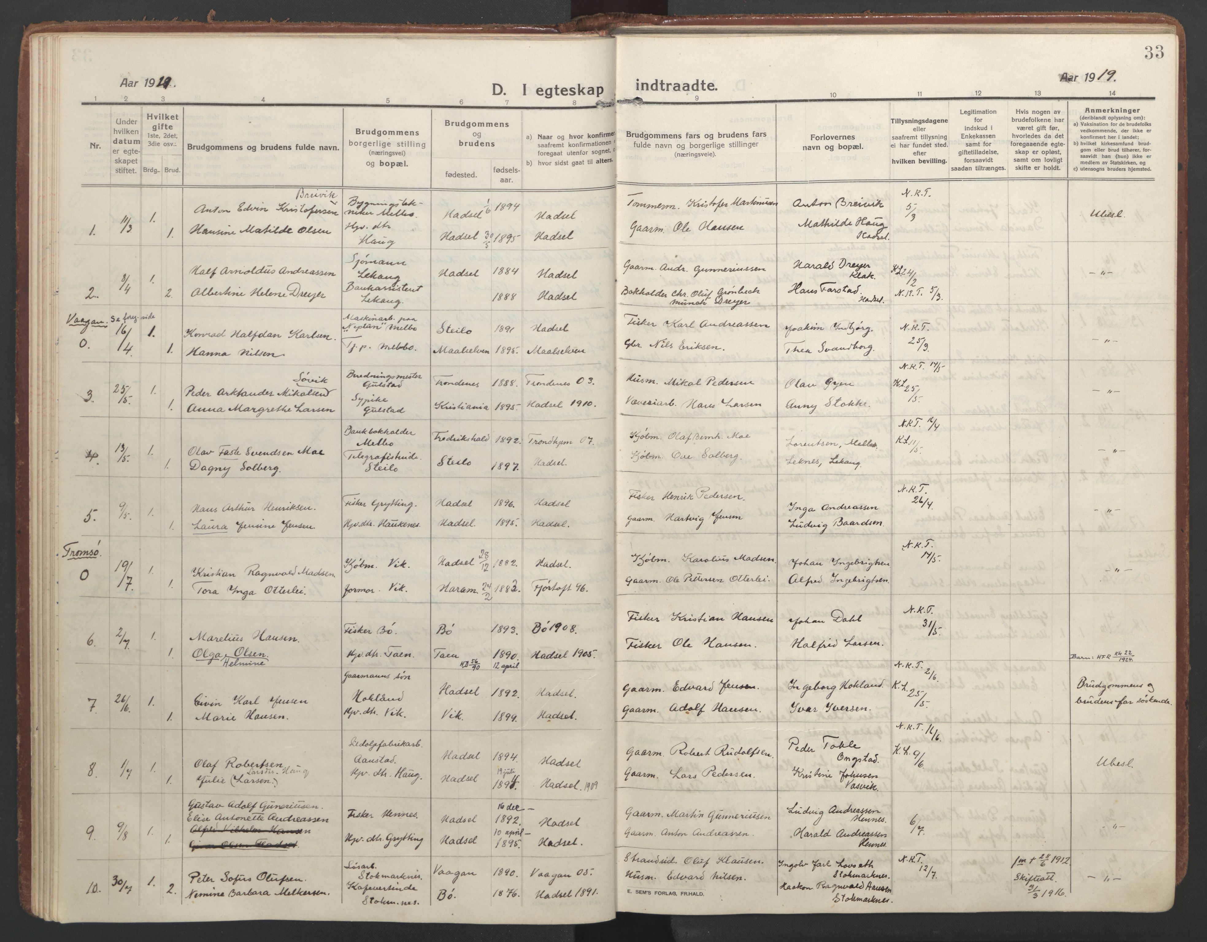 Ministerialprotokoller, klokkerbøker og fødselsregistre - Nordland, AV/SAT-A-1459/888/L1251: Ministerialbok nr. 888A17, 1913-1925, s. 33