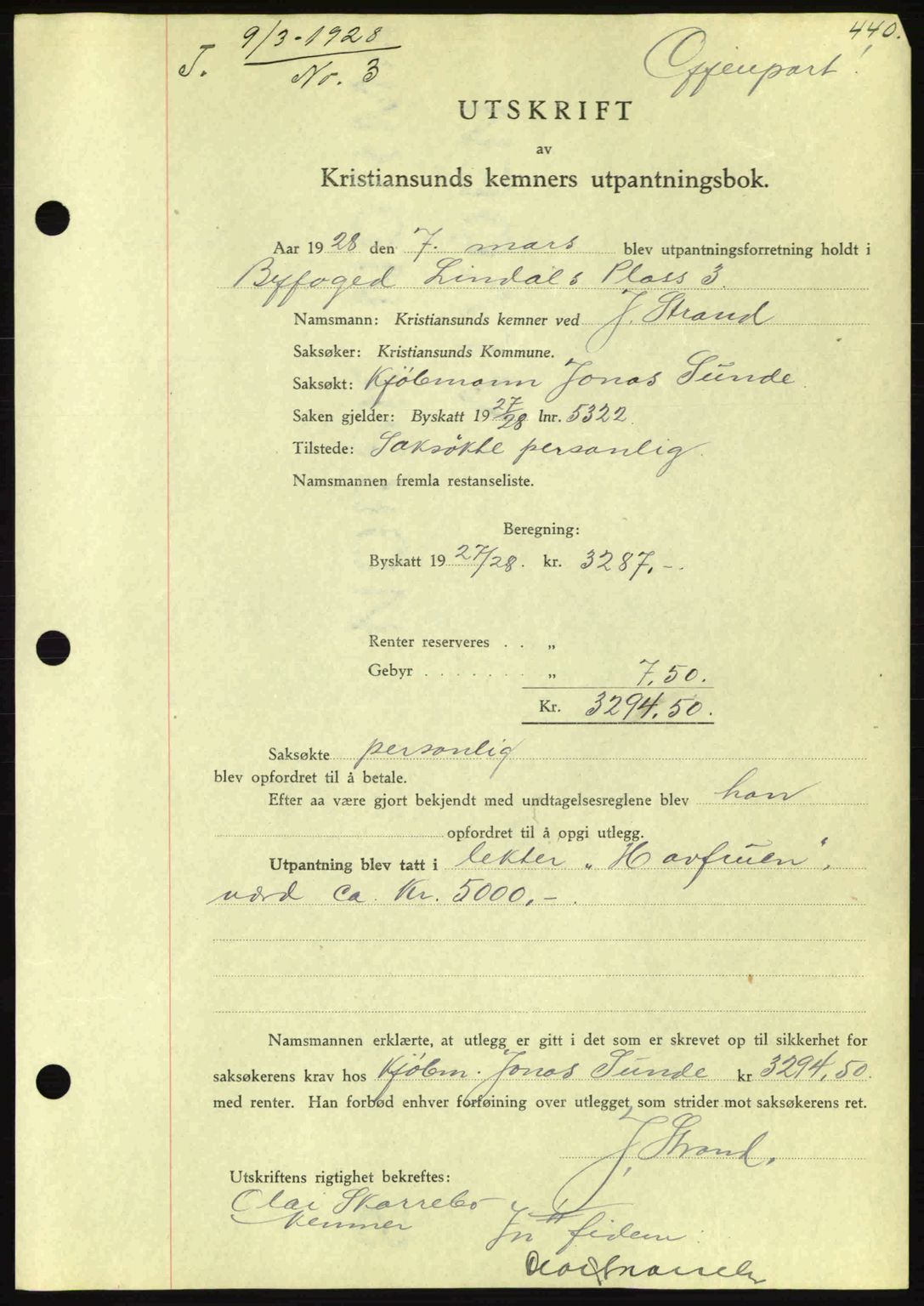 Kristiansund byfogd, AV/SAT-A-4587/A/27: Pantebok nr. 21, 1926-1928, Tingl.dato: 09.03.1928