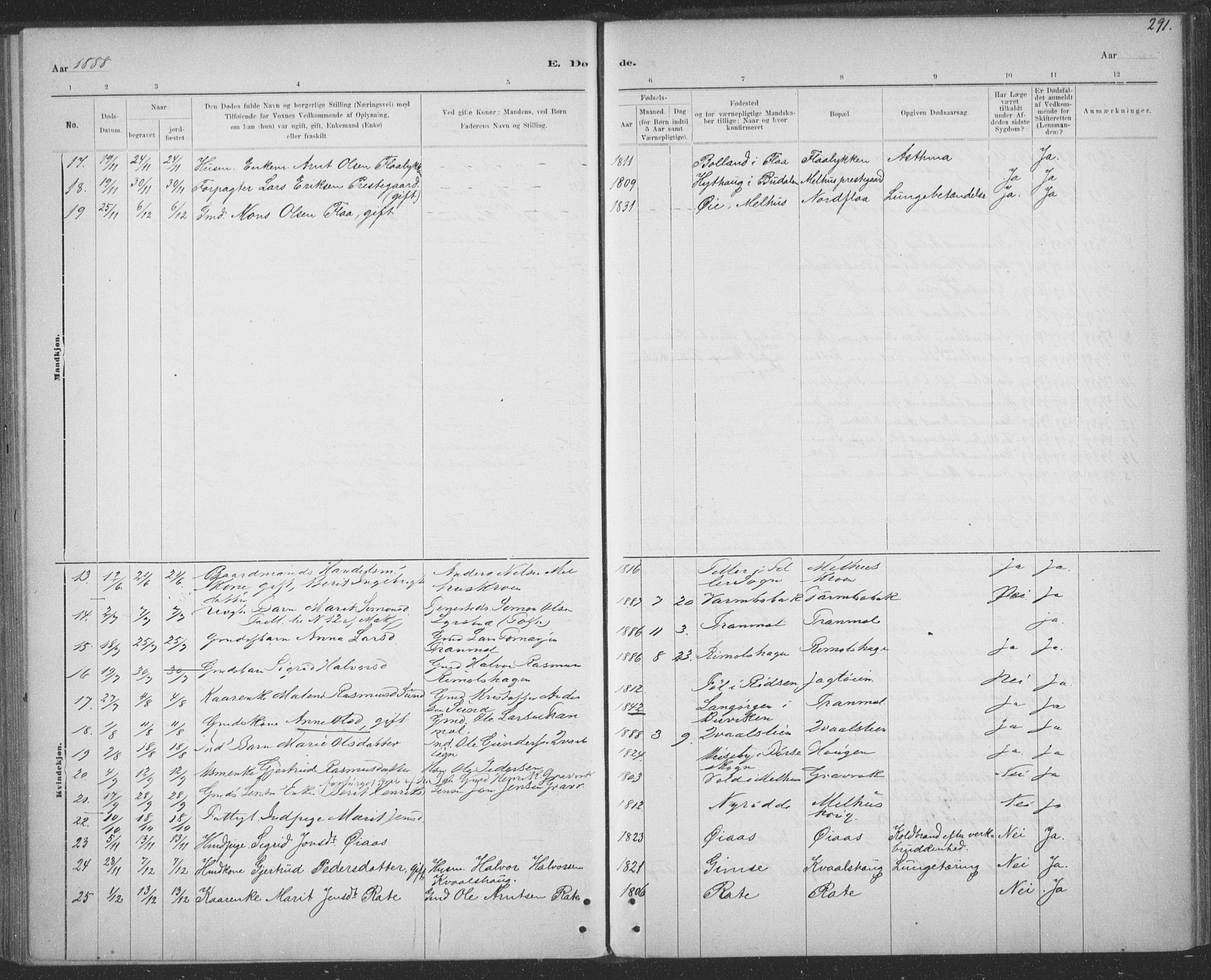 Ministerialprotokoller, klokkerbøker og fødselsregistre - Sør-Trøndelag, SAT/A-1456/691/L1085: Ministerialbok nr. 691A17, 1887-1908, s. 291