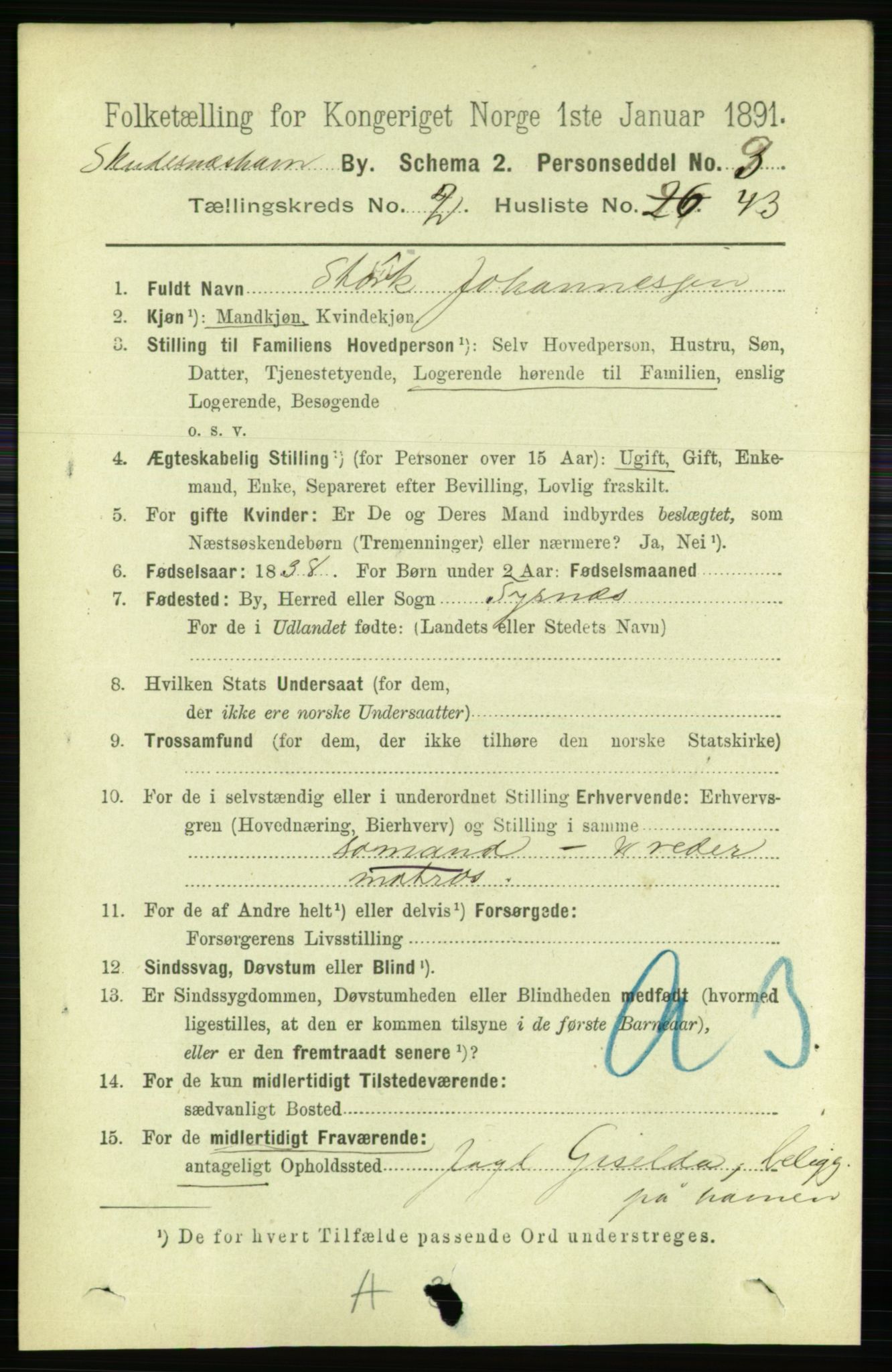 RA, Folketelling 1891 for 1104 Skudeneshavn ladested, 1891, s. 828