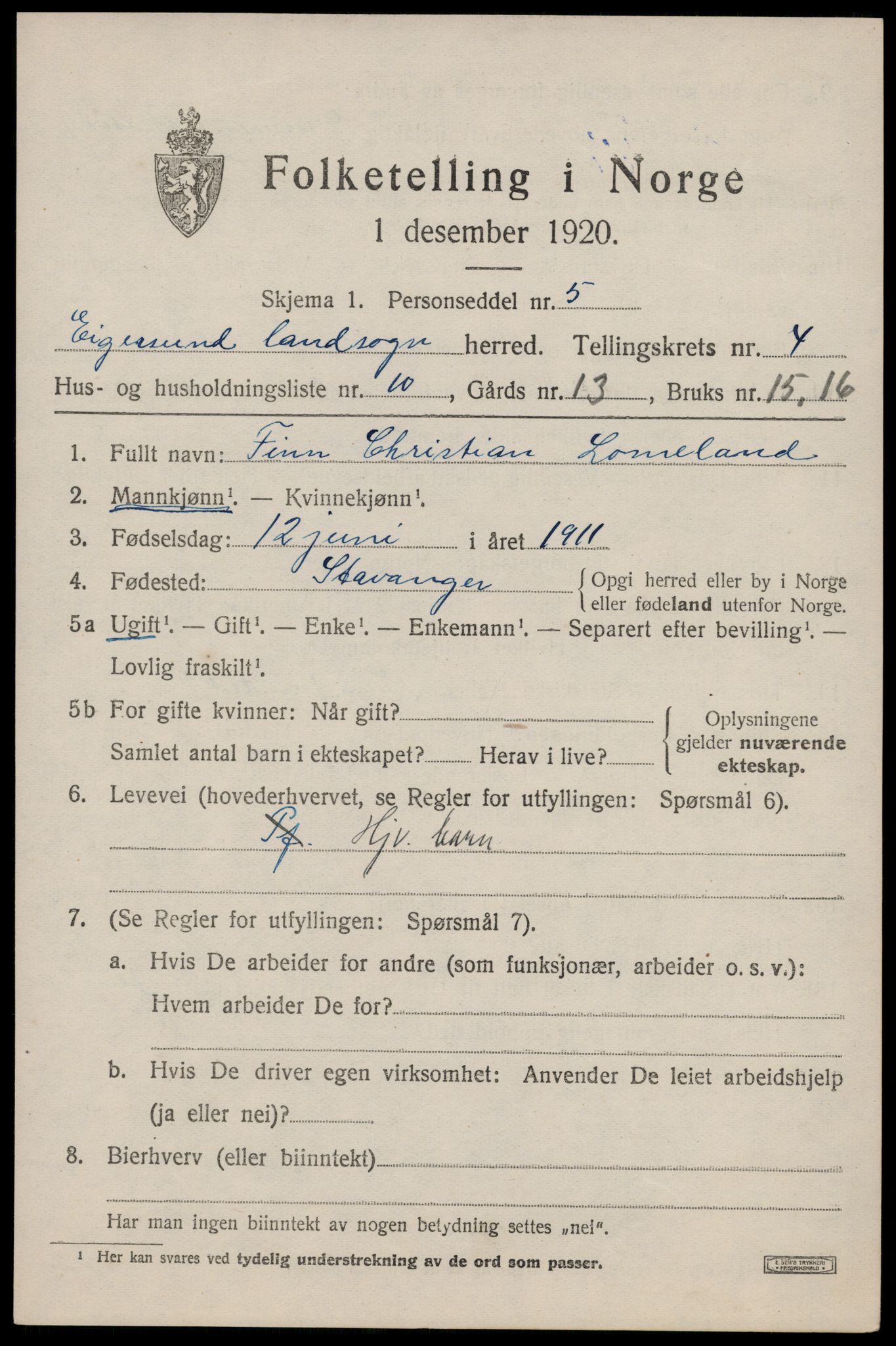 SAST, Folketelling 1920 for 1116 Eigersund herred, 1920, s. 2925