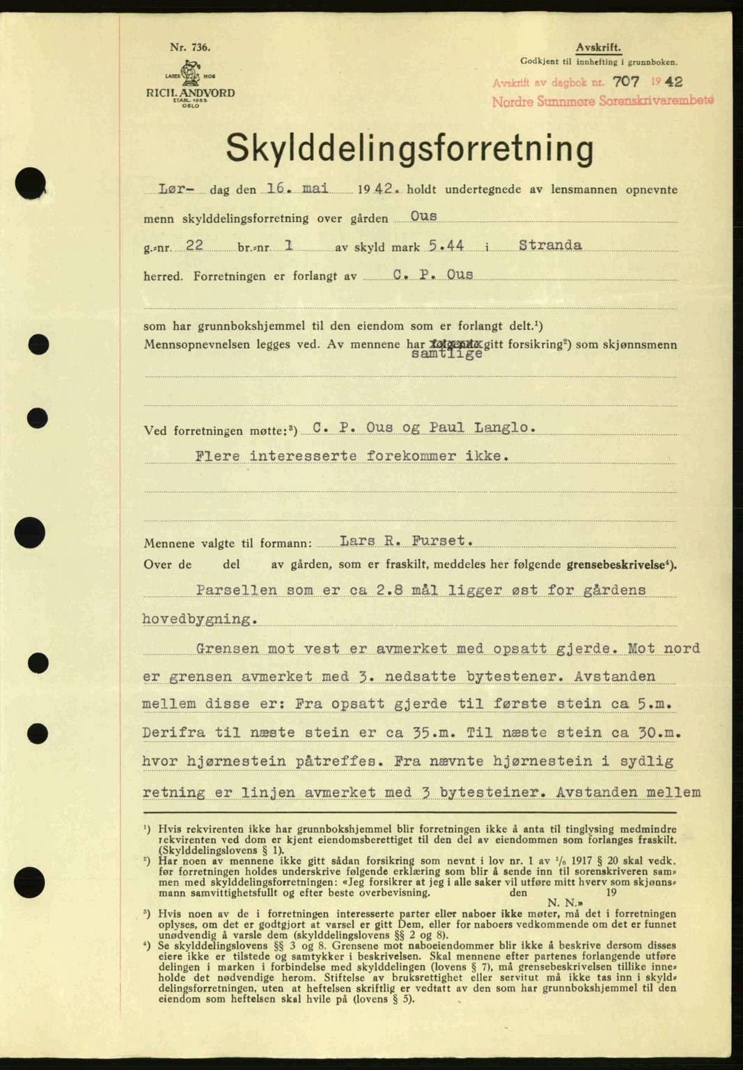 Nordre Sunnmøre sorenskriveri, SAT/A-0006/1/2/2C/2Ca: Pantebok nr. A13, 1942-1942, Dagboknr: 707/1942