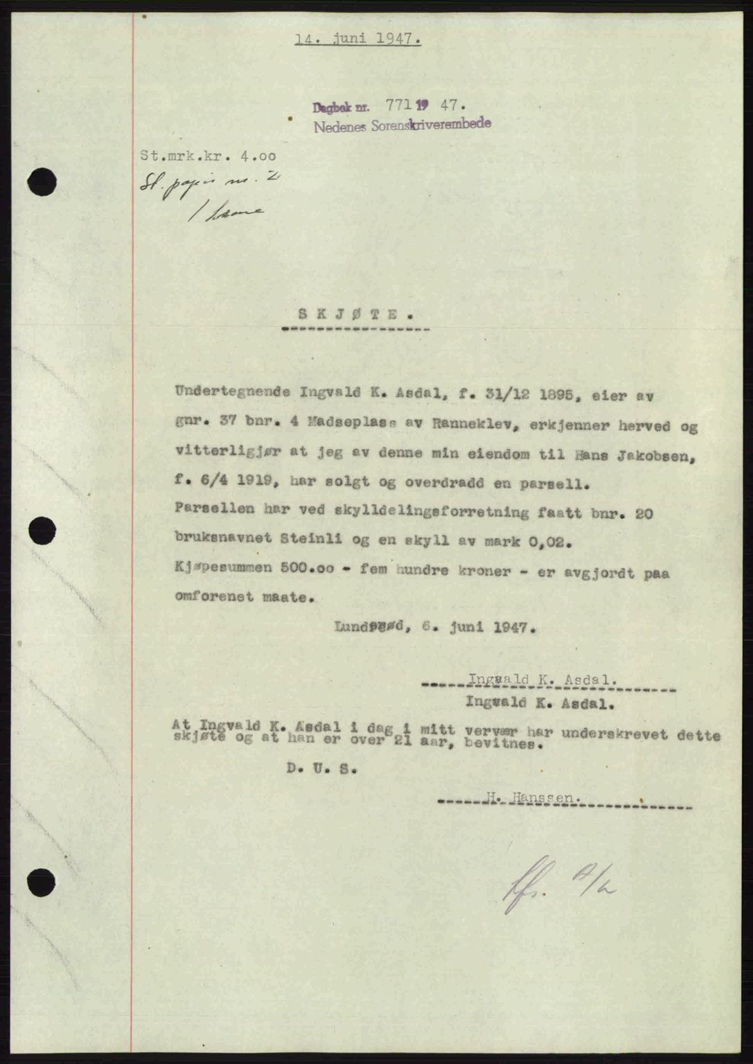 Nedenes sorenskriveri, AV/SAK-1221-0006/G/Gb/Gba/L0057: Pantebok nr. A9, 1947-1947, Dagboknr: 771/1947