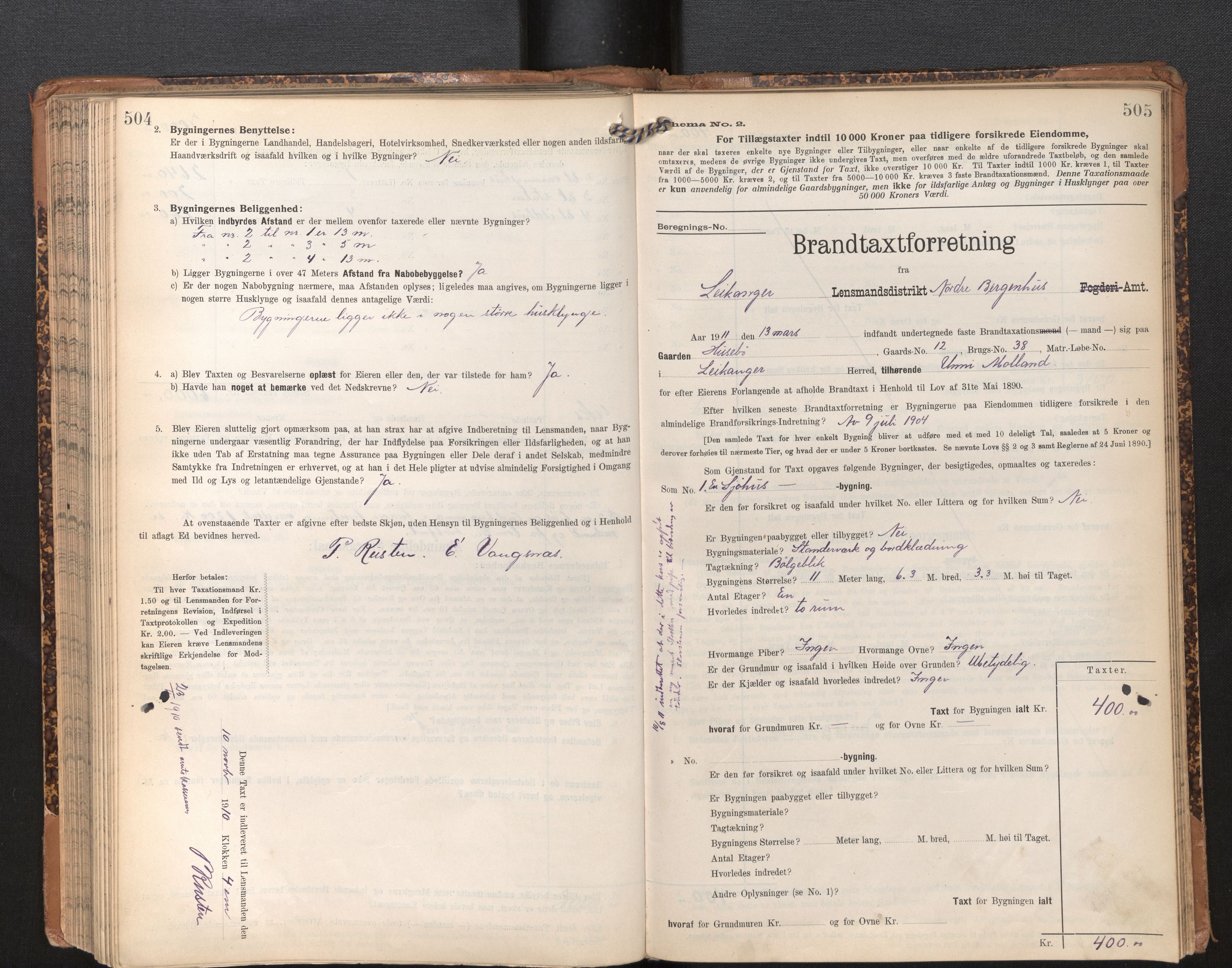 Lensmannen i Leikanger, SAB/A-29201/0012/L0005: Branntakstprotokoll, skjematakst, 1907-1917, s. 504-505