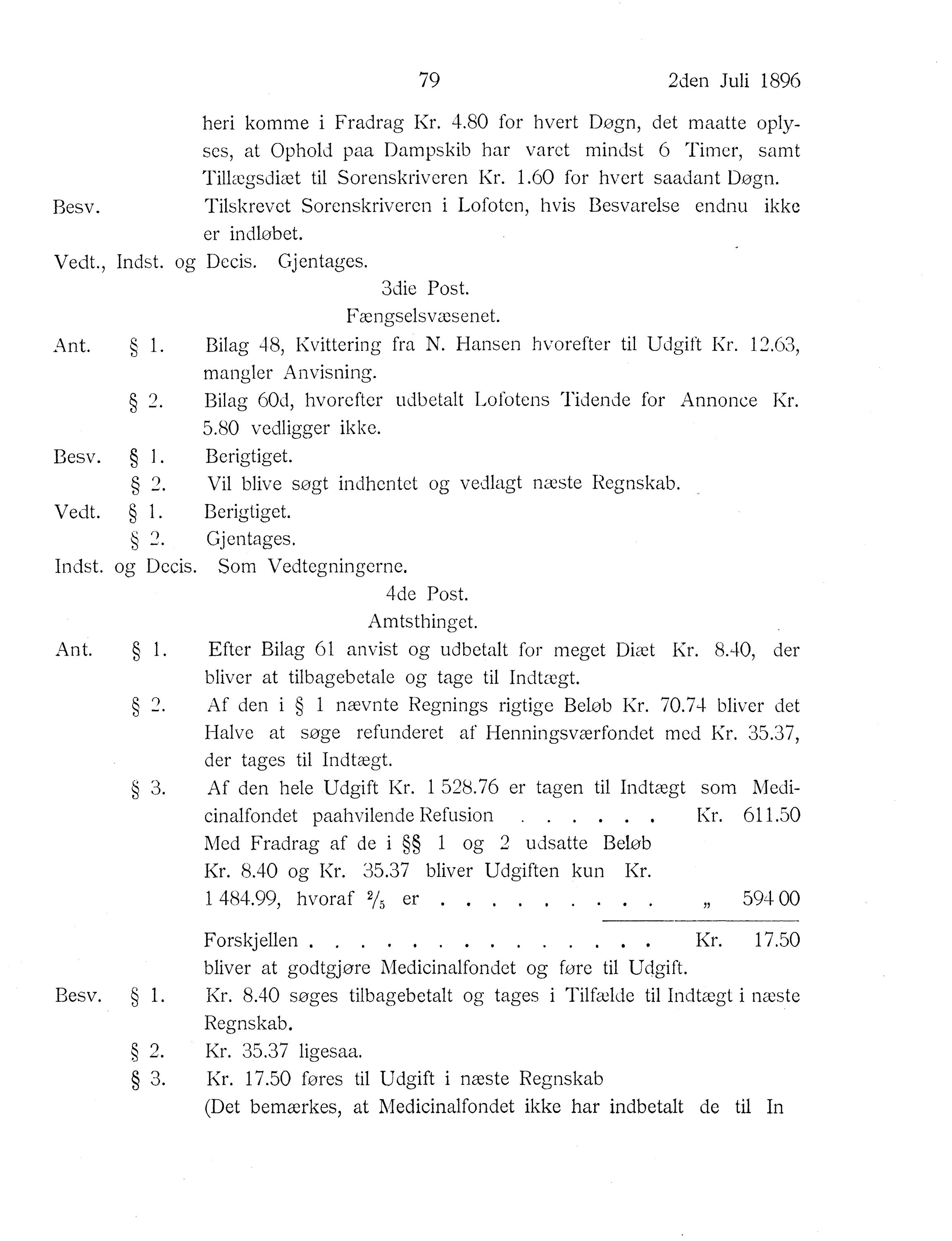 Nordland Fylkeskommune. Fylkestinget, AIN/NFK-17/176/A/Ac/L0019: Fylkestingsforhandlinger 1896, 1896